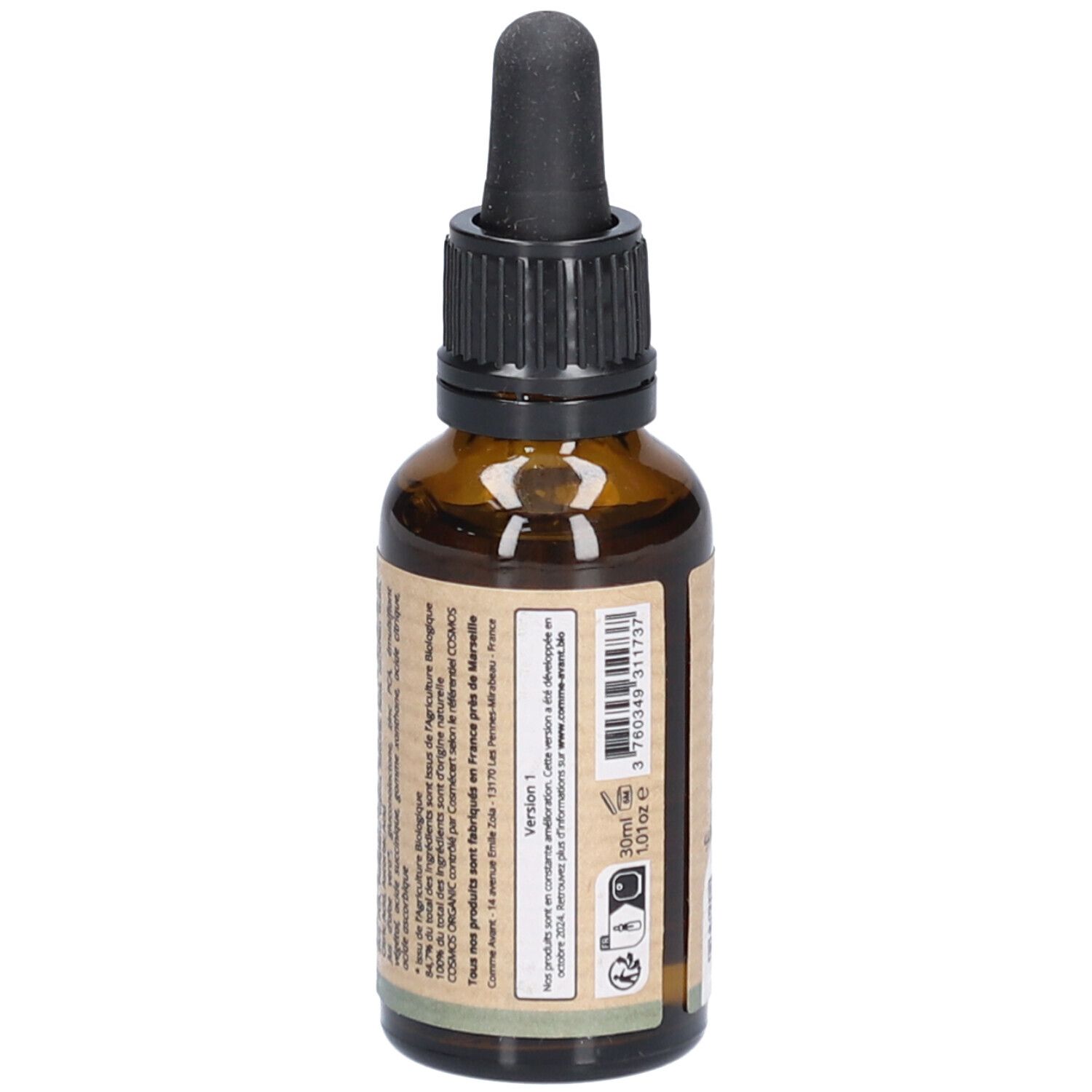Bruine glazen fles met zwarte druppelaar. Achterkant met tekst en barcode. Volume: 30ml.