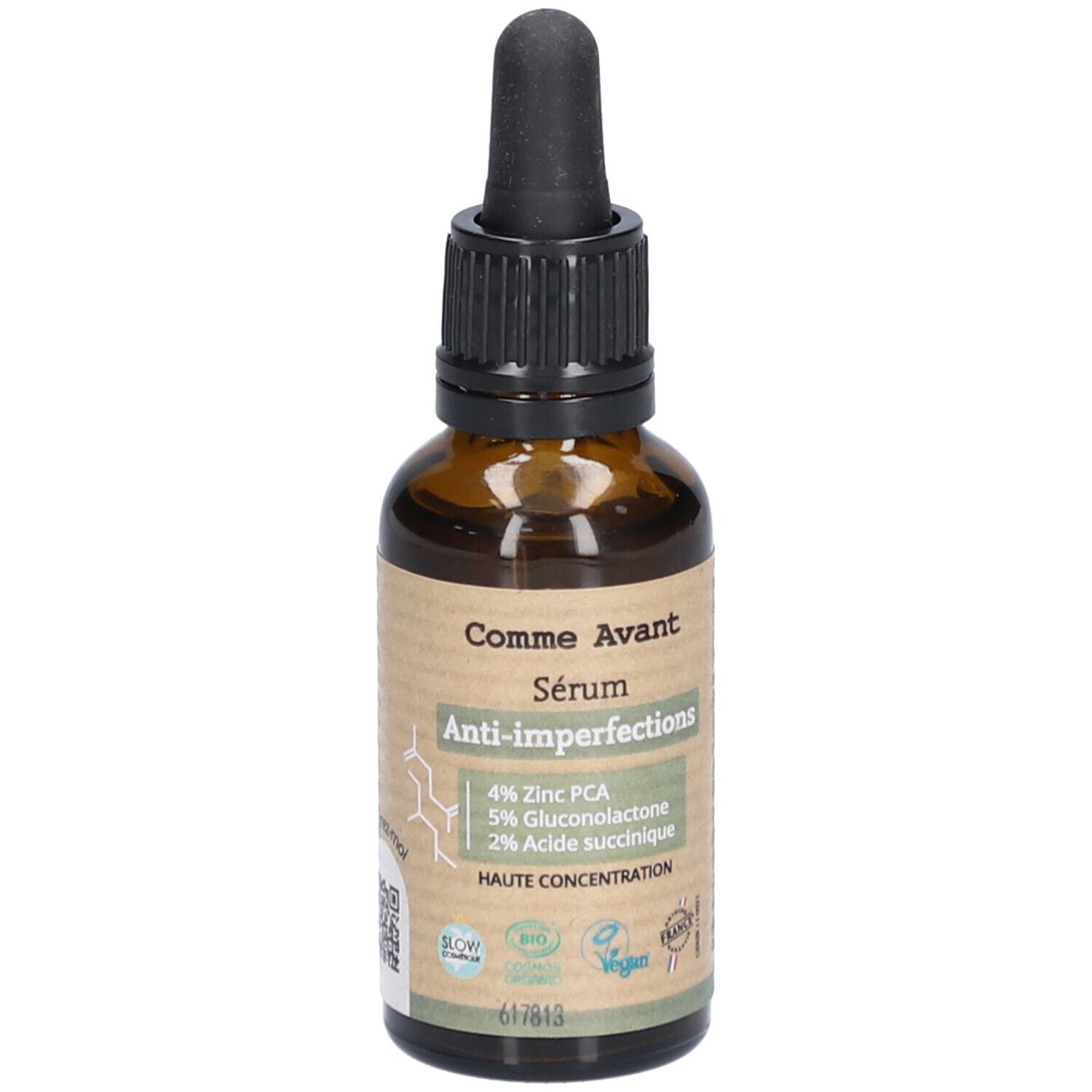 Bruine glazen fles met zwarte druppelaar. Etiket met productnaam en ingrediënten: 4% Zink PCA, 5% Gluconolacton, 2% Acide succinique.
