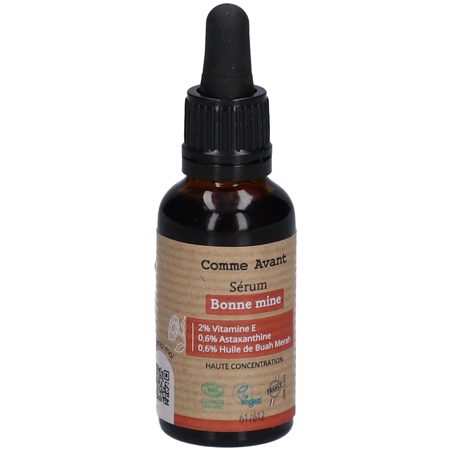 Flacon en verre brun avec bouchon noir et pipette. Étiquette avec nom du produit et ingrédients. Label Vegan.