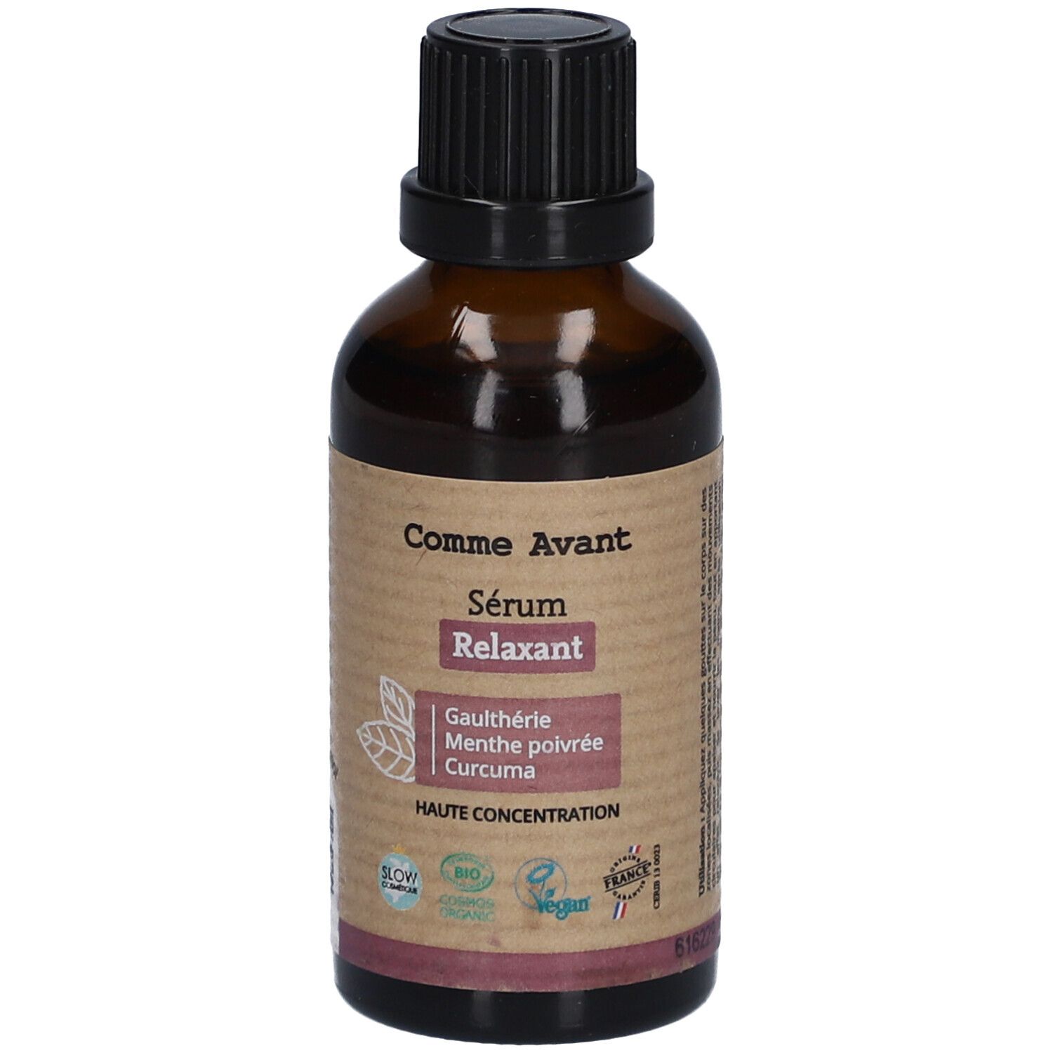 Flacon en verre brun avec bouchon noir. Étiquette avec nom du produit, ingrédients et certifications. "Comme Avant" et "Sérum Relaxant".