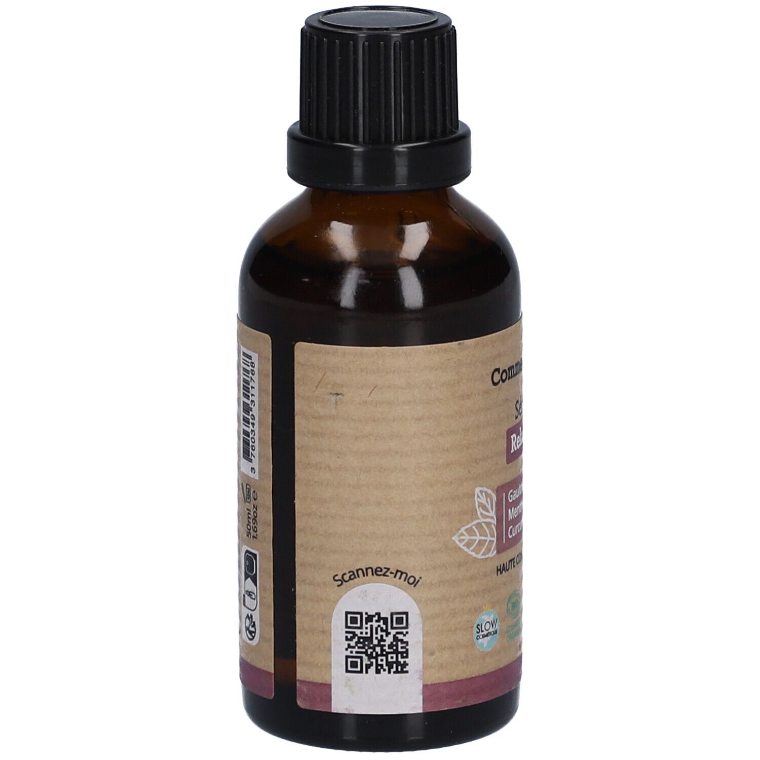 Dos d'un flacon en verre brun. Étiquette avec code QR et texte. "Comme Avant" et "Sérum Relaxant".