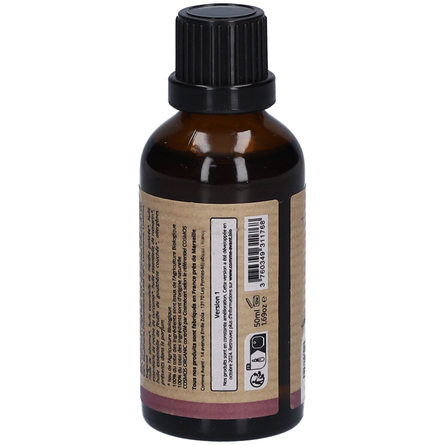 Dos d'un flacon en verre brun. Étiquette avec texte et informations. "Comme Avant" et "Sérum Relaxant".
