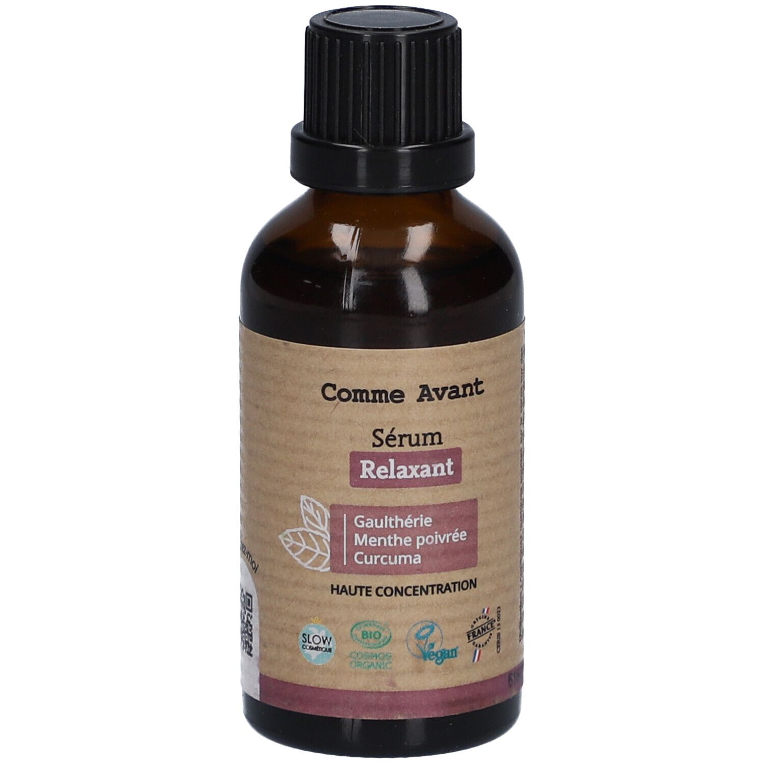 Flacon en verre brun avec bouchon noir. Étiquette avec nom du produit, ingrédients et certifications. "Comme Avant" et "Sérum Relaxant".