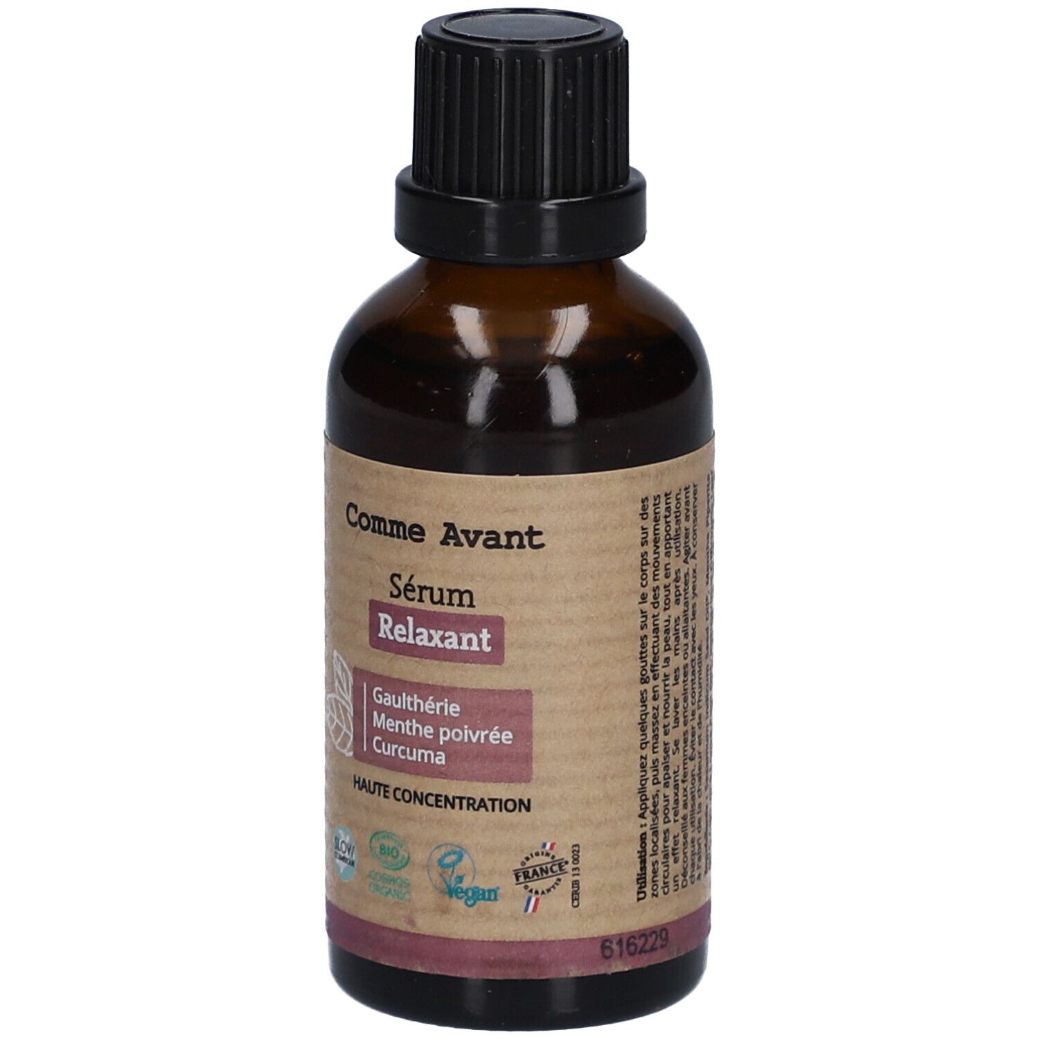 Flacon en verre brun avec bouchon noir. Étiquette avec nom du produit, ingrédients et certifications. "Comme Avant" et "Sérum Relaxant".