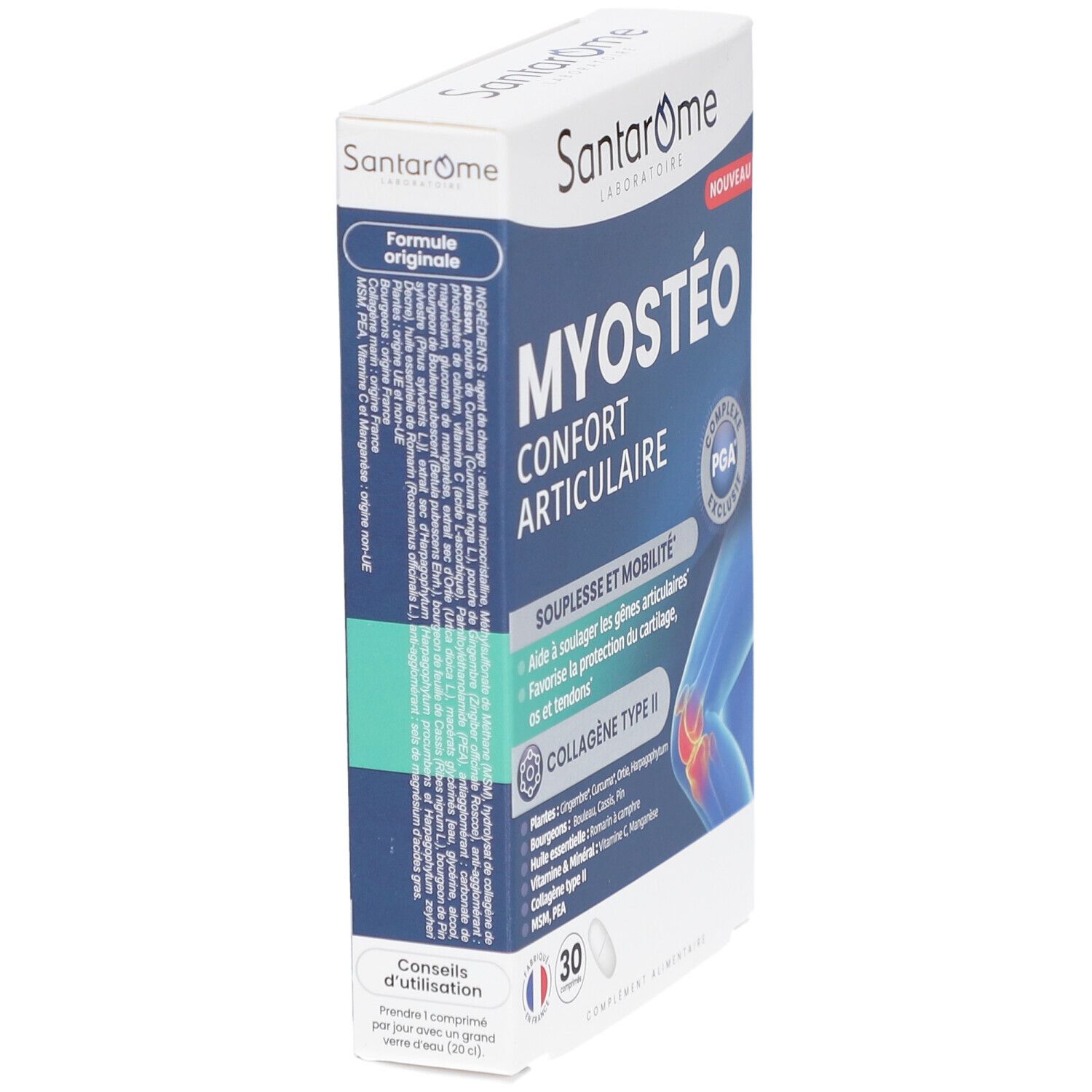 Santarome Myosteo Gelenkkomfort Schachtel, blaue und weiße Verpackung. Produktname, Inhaltsstoffe und 30 Tabletten sind sichtbar.