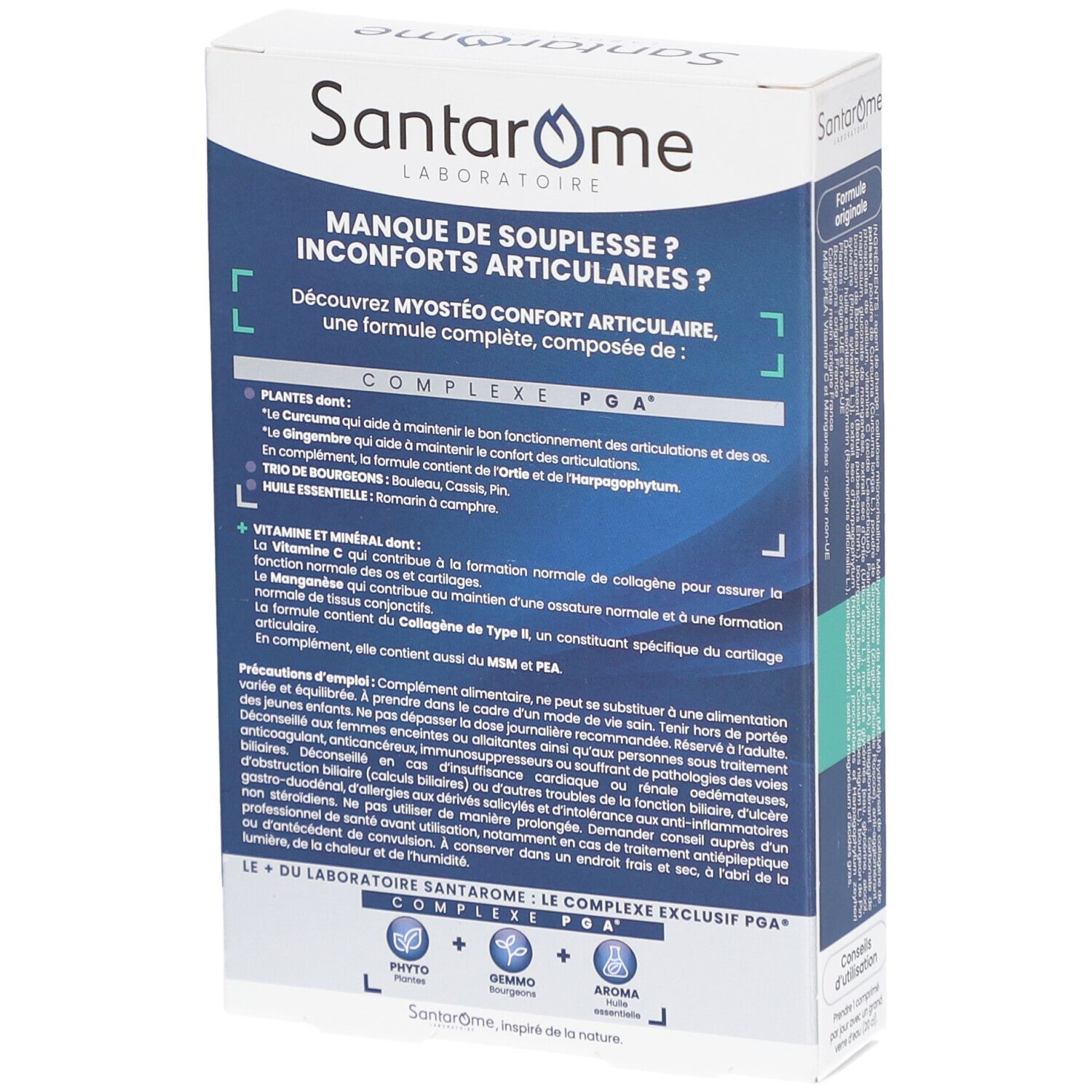 Rückseite der Santarome Myosteo Gelenkkomfort Schachtel. Text über Inhaltsstoffe und Anwendung. Blaue und weiße Verpackung.