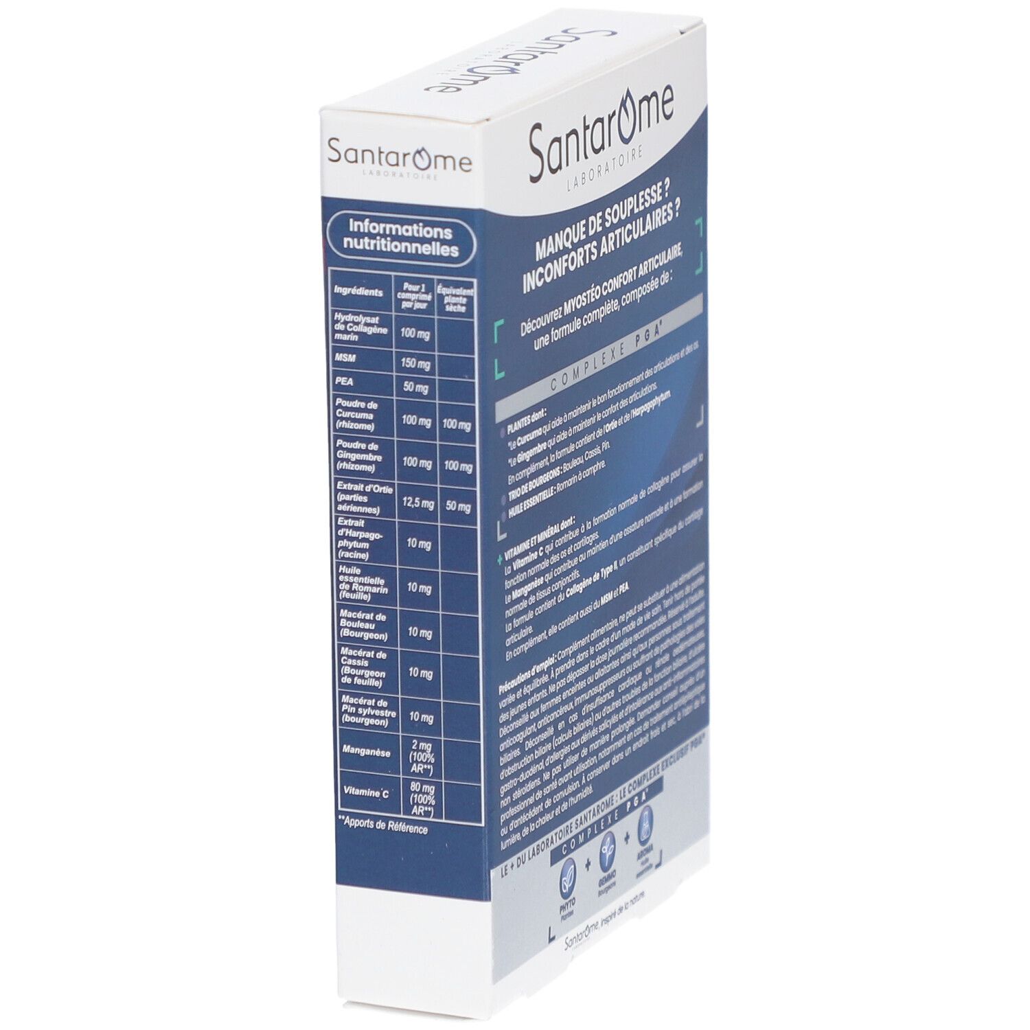 Seite der Santarome Myosteo Gelenkkomfort Schachtel. Nährwertangaben. Blaue und weiße Verpackung.