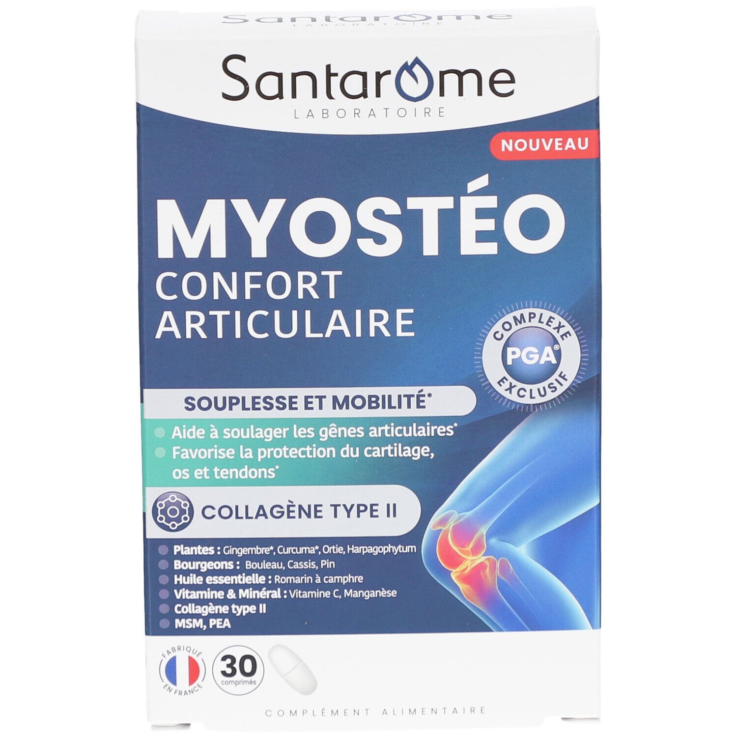 Santarome Myosteo Gelenkkomfort Schachtel. Blaue und weiße Verpackung. Produktname, Inhaltsstoffe und 30 Tabletten sind sichtbar.