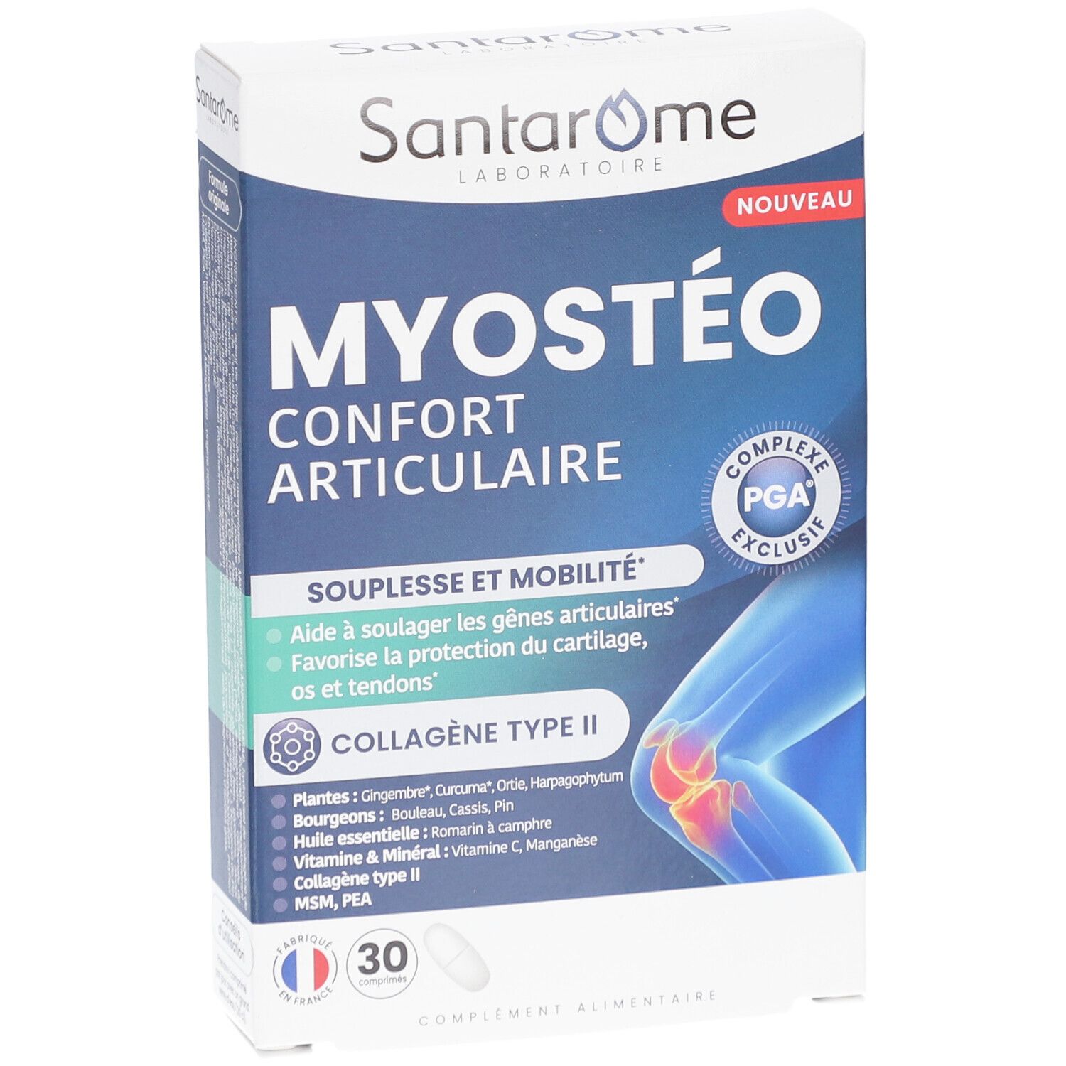 Santarome Myosteo Gelenkkomfort Schachtel. Blaue und weiße Verpackung. Produktname, Inhaltsstoffe und 30 Tabletten sind sichtbar.