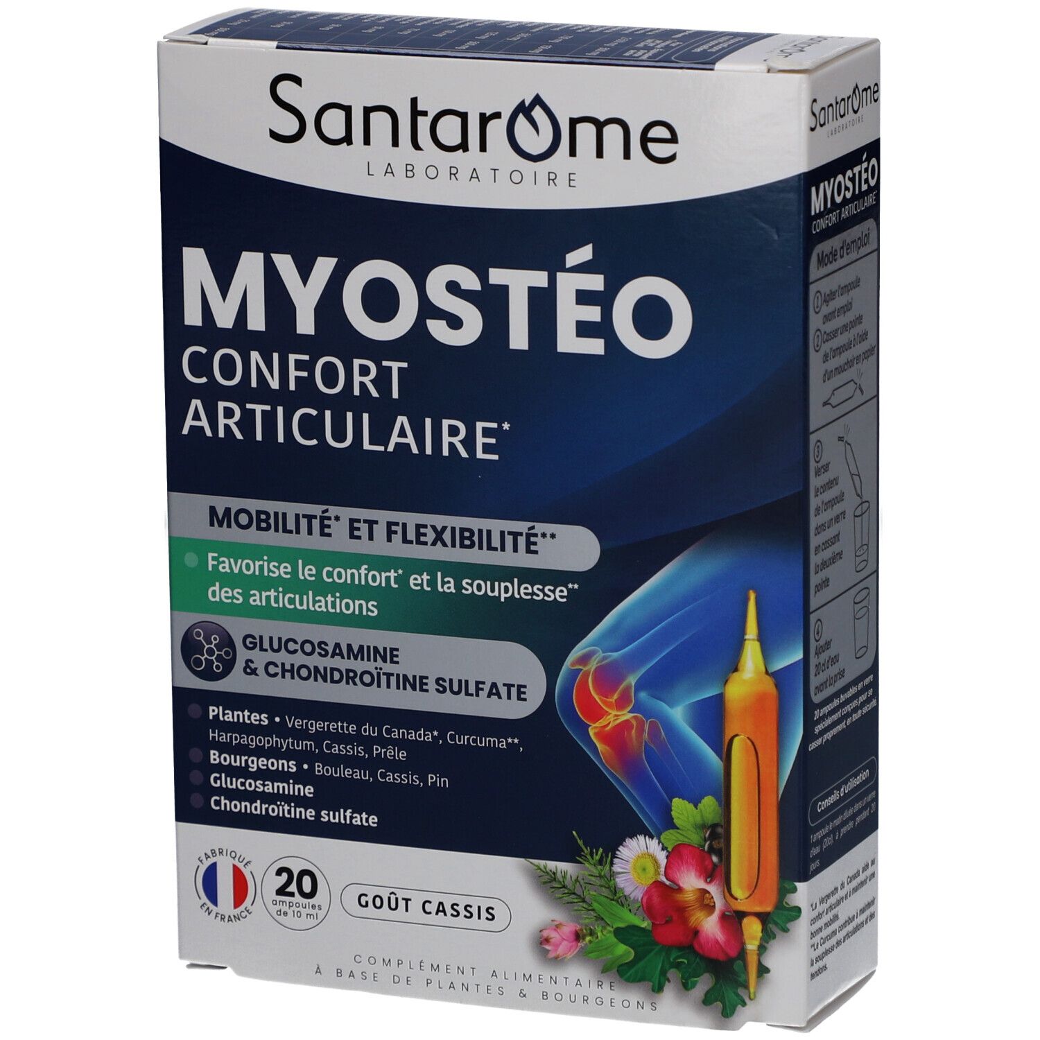 Boîte Santarome Myostéo. Inscription: MYOSTÉO CONFORT ARTICULAIRE. Contient 20 ampoules. Illustration d'une articulation. Informations produit.