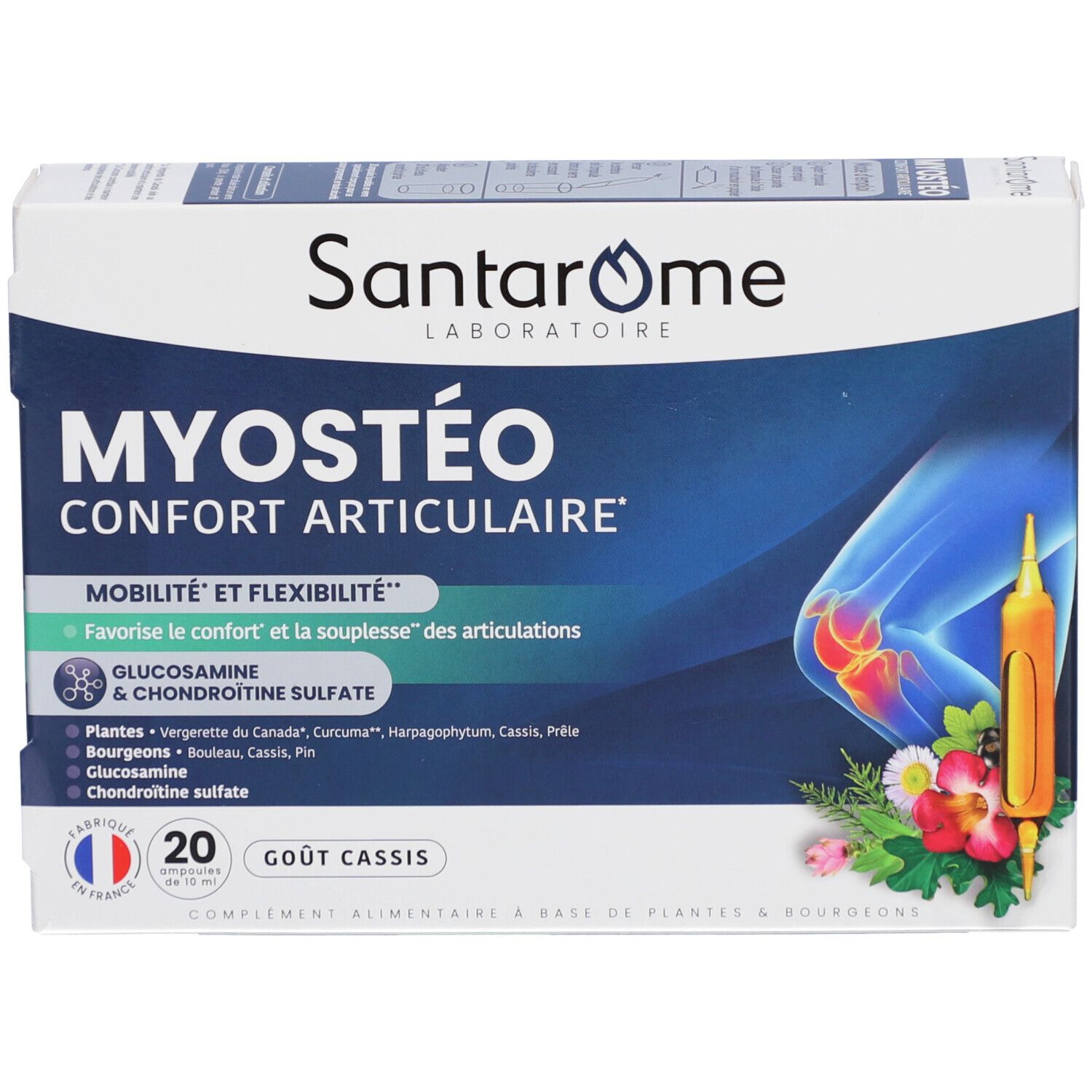 Boîte Santarome Myostéo. Inscription: MYOSTÉO CONFORT ARTICULAIRE. Contient 20 ampoules. Illustration d'une articulation. Fabriqué en France.