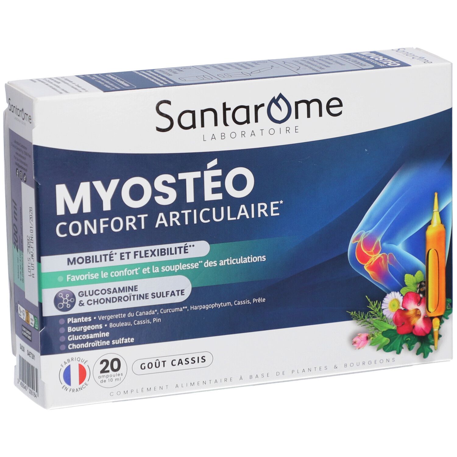 Boîte Santarome Myostéo. Inscription: MYOSTÉO CONFORT ARTICULAIRE. Contient 20 ampoules. Illustration d'une articulation. Emballage produit.