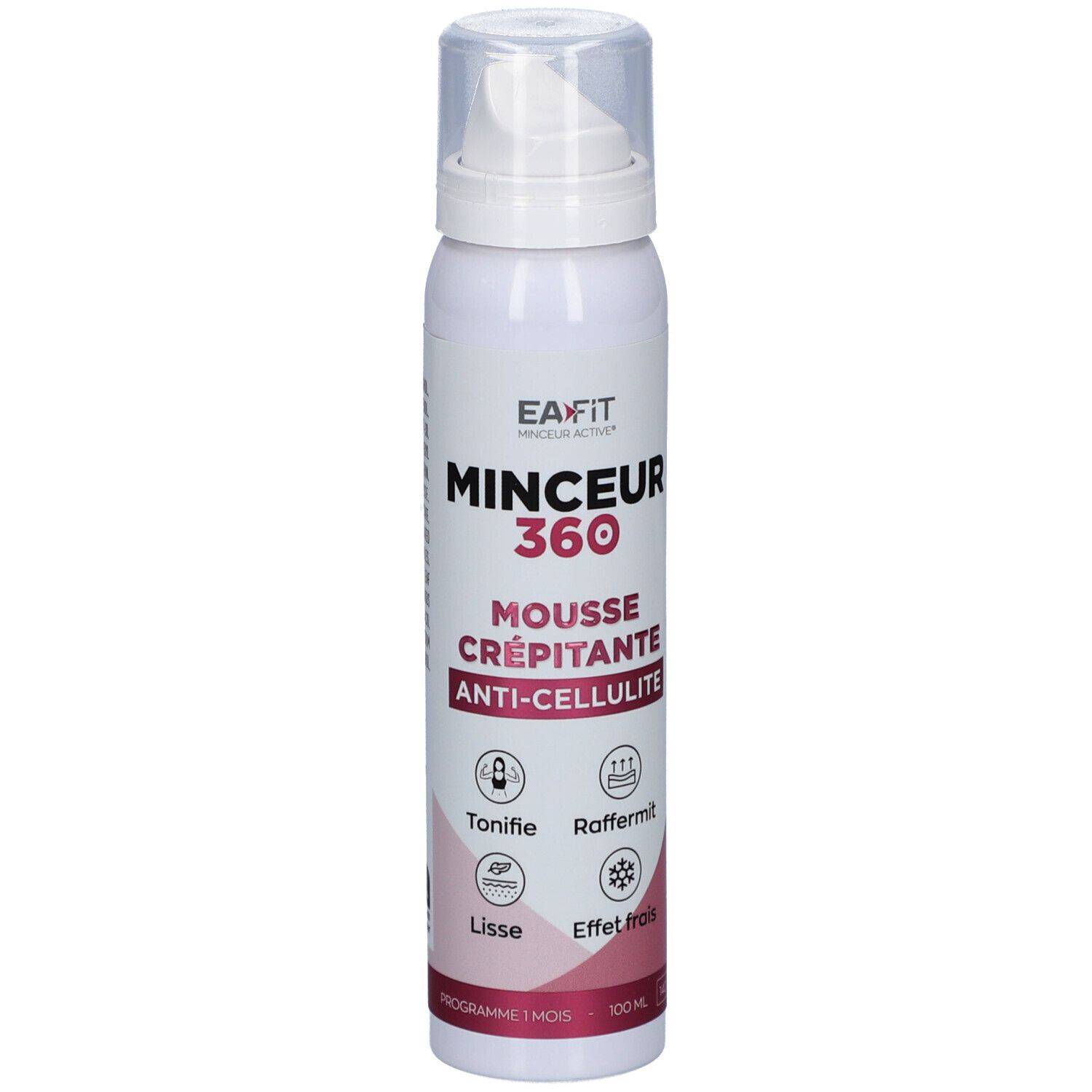 Flacon blanc avec pompe. Inscription: Minceur 360 Mousse Crépitante Anti-Cellulite. Logos et texte en français.