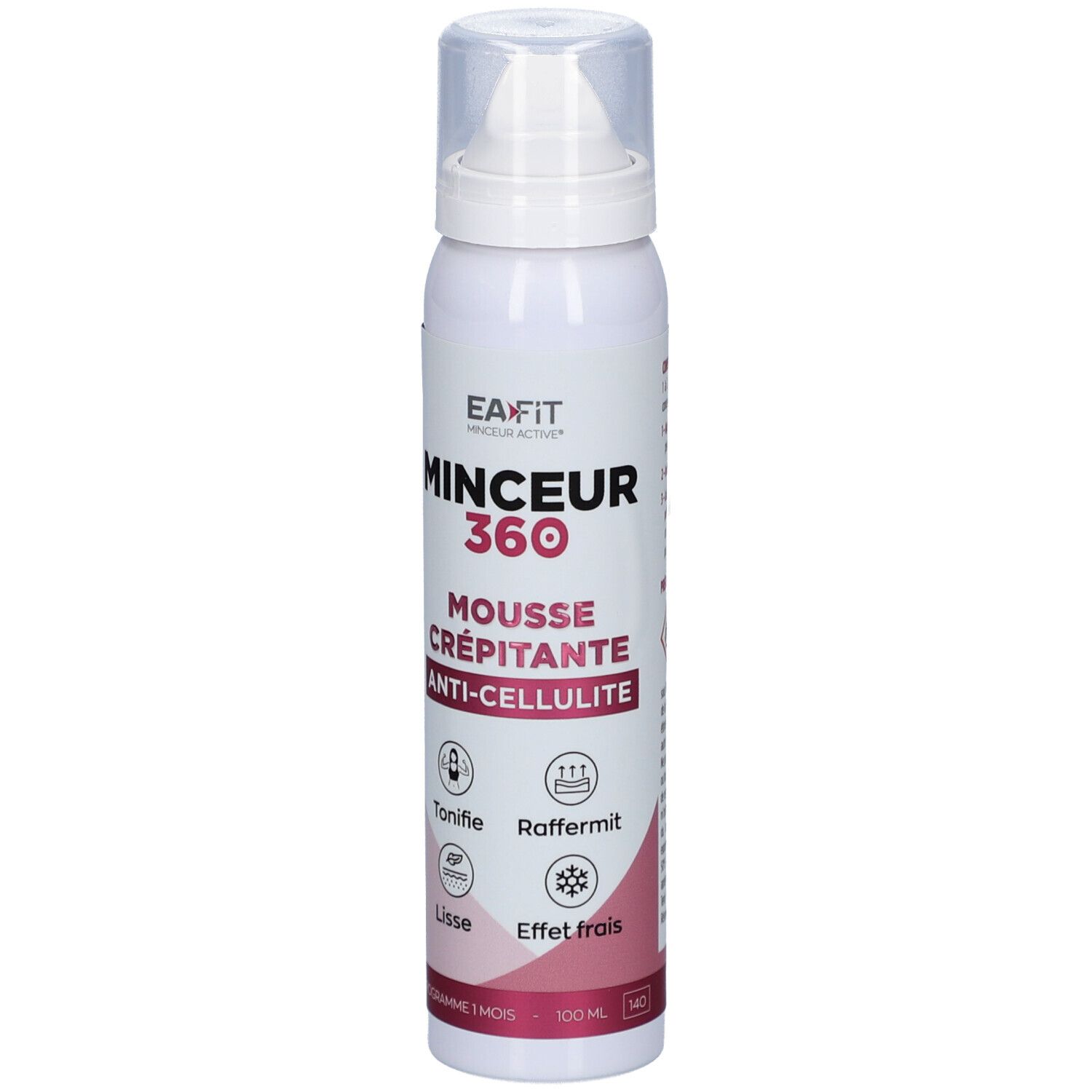 Flacon blanc avec pompe. Inscription: Minceur 360 Mousse Crépitante Anti-Cellulite. Logos et texte en français.