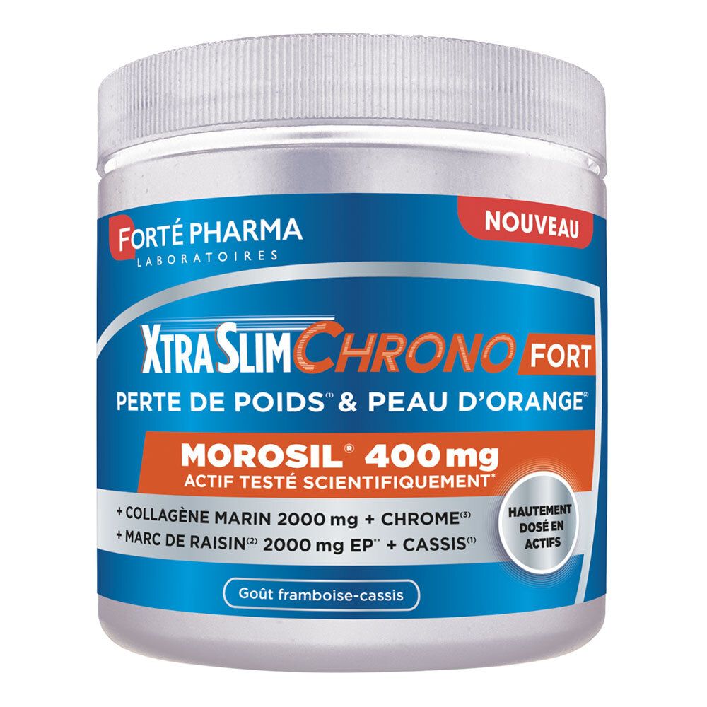 Pot blanc avec étiquette bleue et orange. Texte : XtraSlim Chrono Fort, Forte Pharma. Nouveau.
