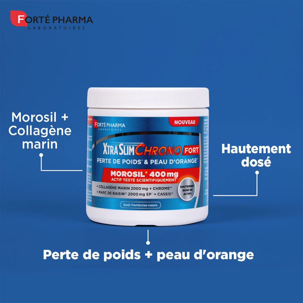 Pot XtraSlim Chrono Fort, étiquette bleu-orange. Texte : Forte Pharma, Perte de poids & peau d'orange.