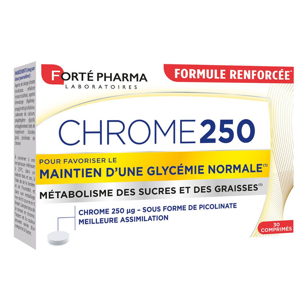 Boîte de FORTE PHARMA Chrome 250. 30 comprimés. Texte : « Maintien d'une glycémie normale ».