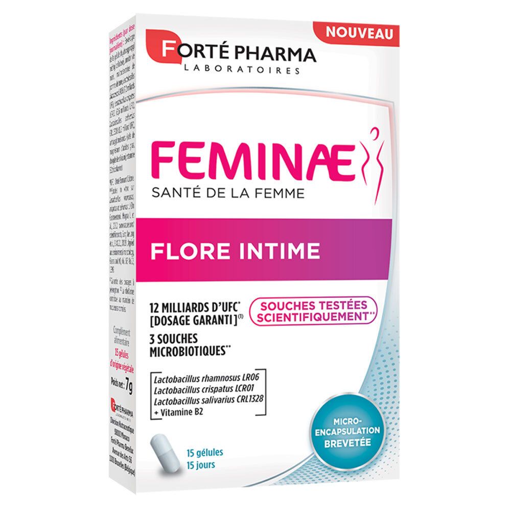 Boîte de Feminae Flore Intime. Contient 15 gélules. 3 souches probiotiques et vitamine B2. Nouveau.