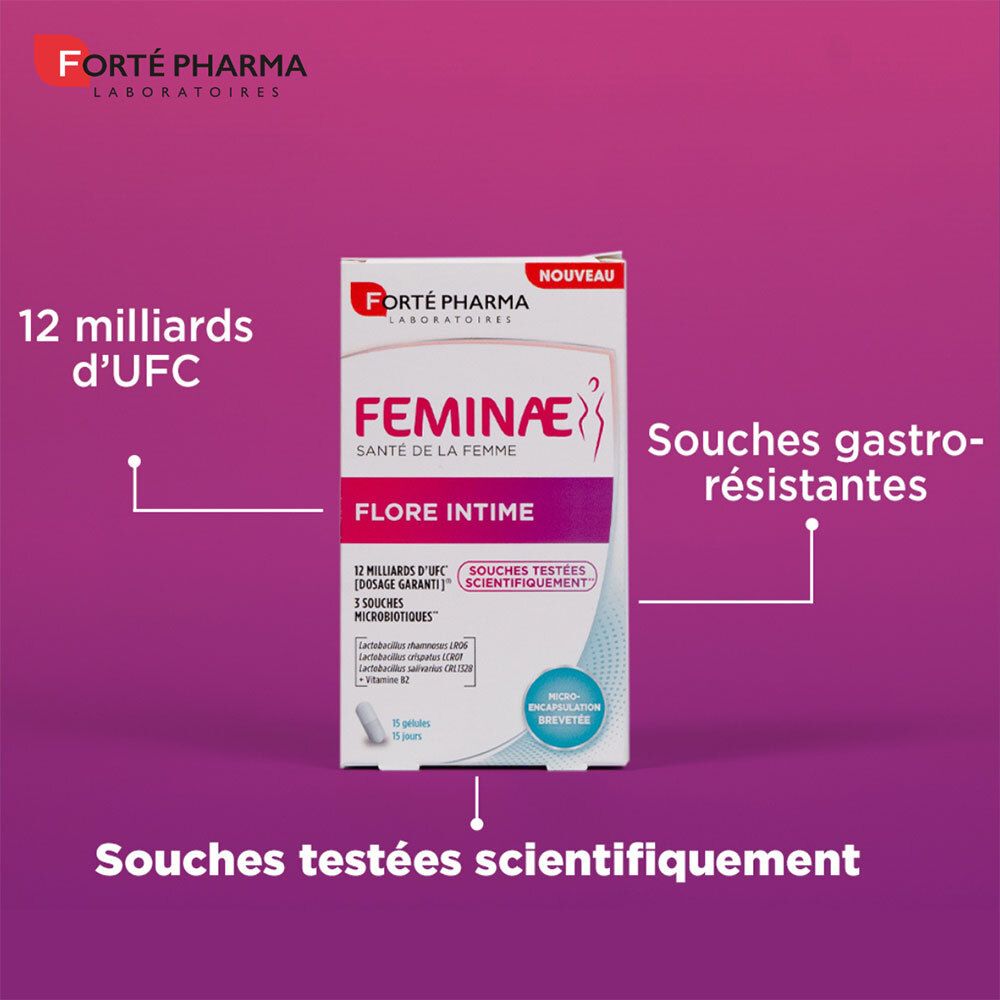 Boîte Feminae Flore Intime. 15 gélules. 3 souches probiotiques. Testé scientifiquement. Nouveau.