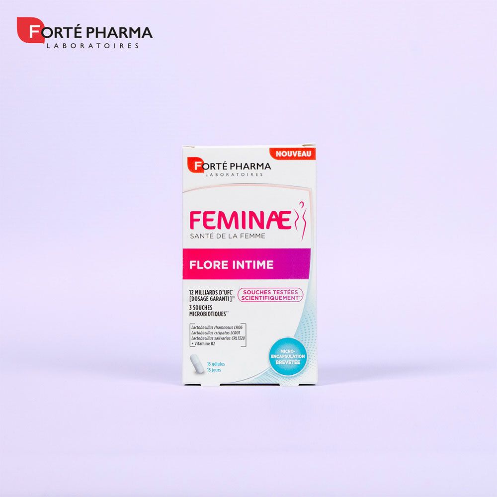 Boîte Feminae Flore Intime. 15 gélules. 3 souches probiotiques. Nouveau. Sur fond blanc.