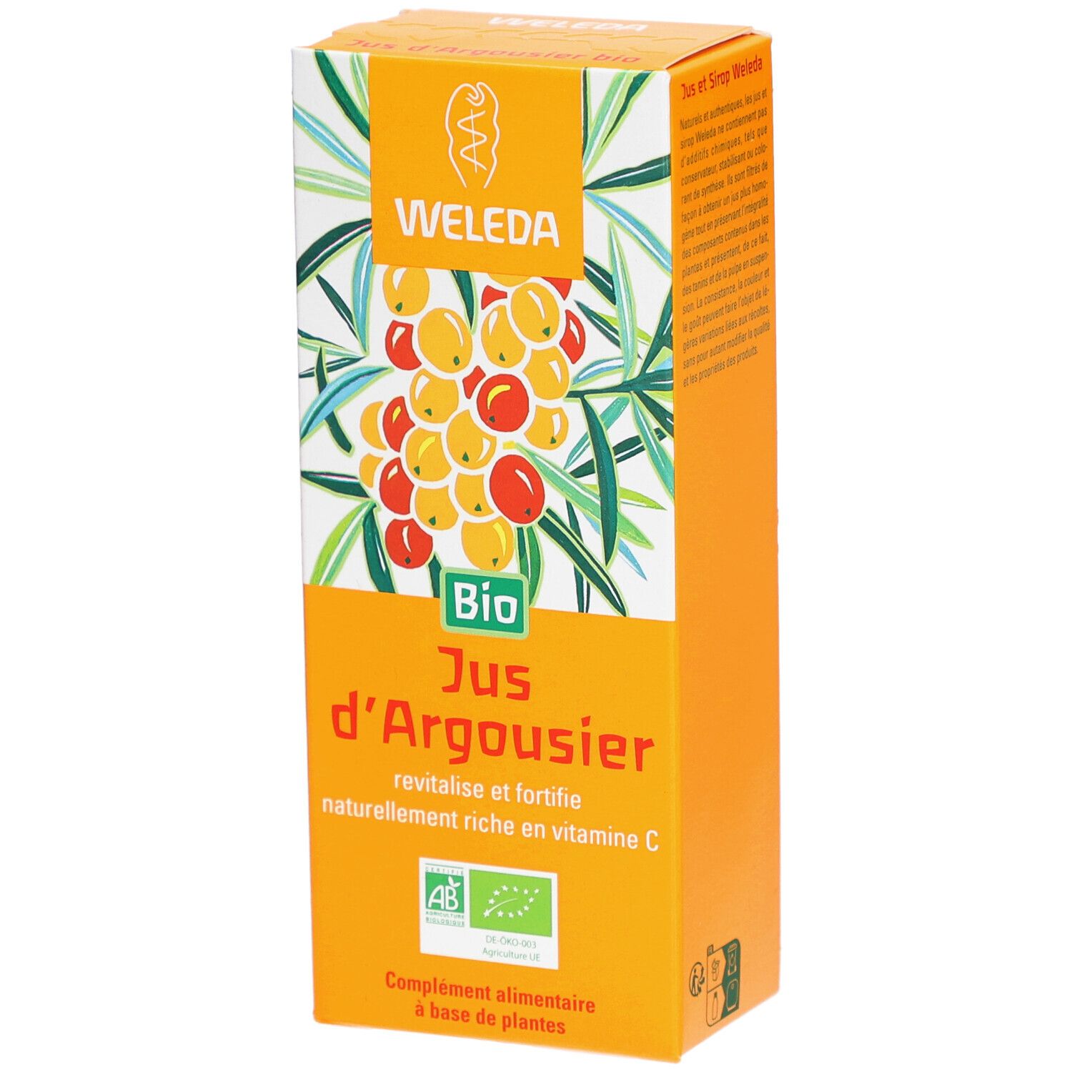 Orangefarbene Verpackung mit Produktbezeichnung und Bio-Siegel. Abbildung von Sanddornbeeren.