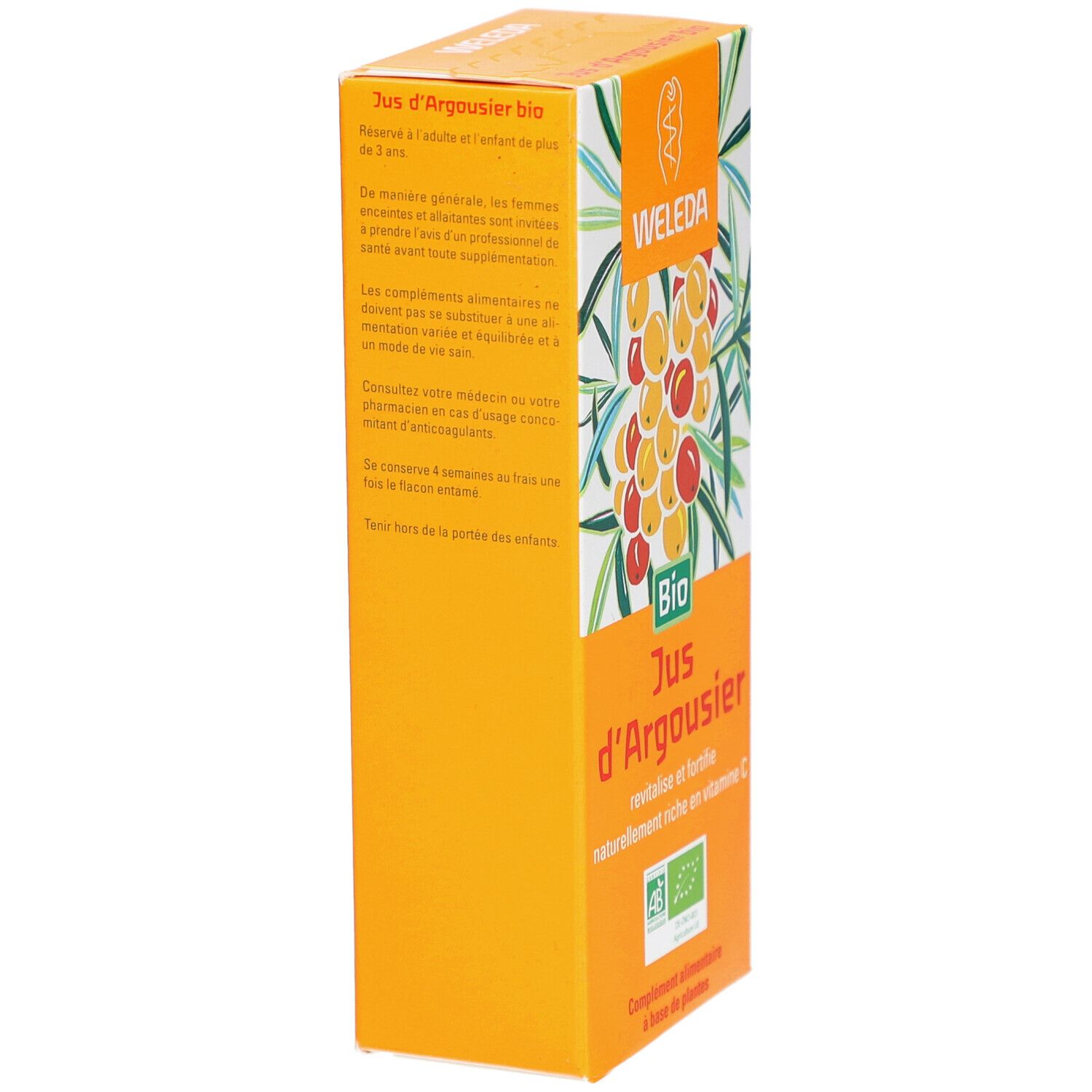 Orangefarbene Verpackung, Seitenansicht mit Text. Bio-Siegel und Produktname sichtbar.