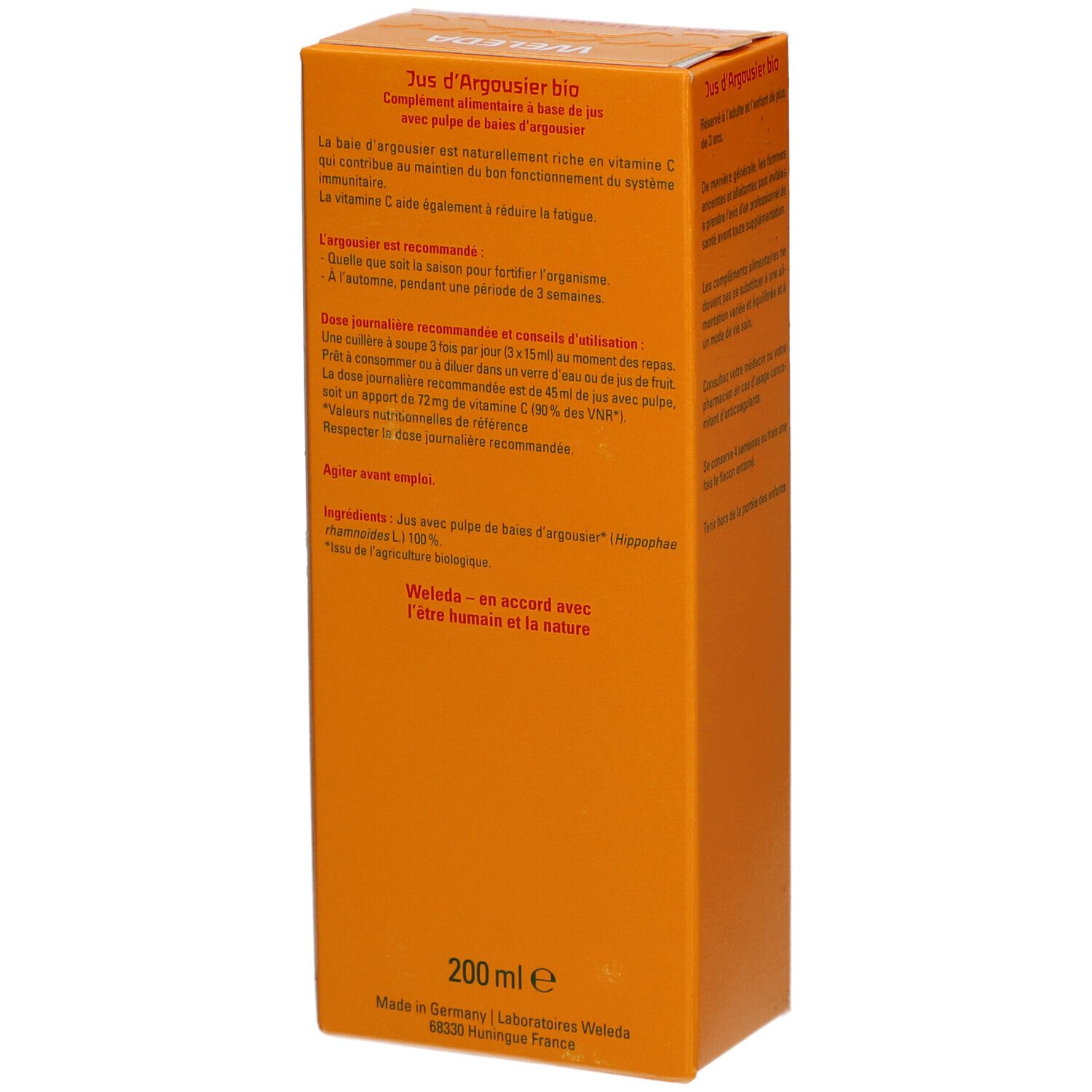 Orangefarbene Verpackung, Rückseite mit Text. 200 ml Volumenangabe, Bio-Siegel.