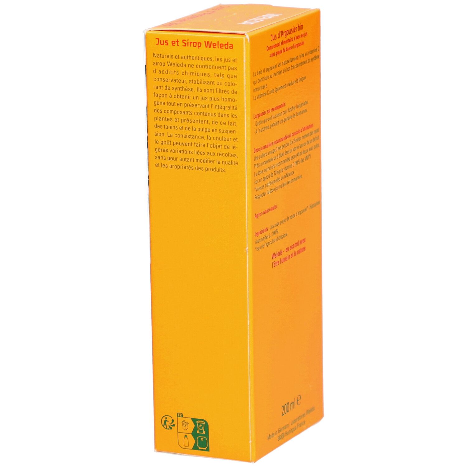 Orangefarbene Verpackung, schräge Rückansicht mit Text. 200 ml Volumenangabe.