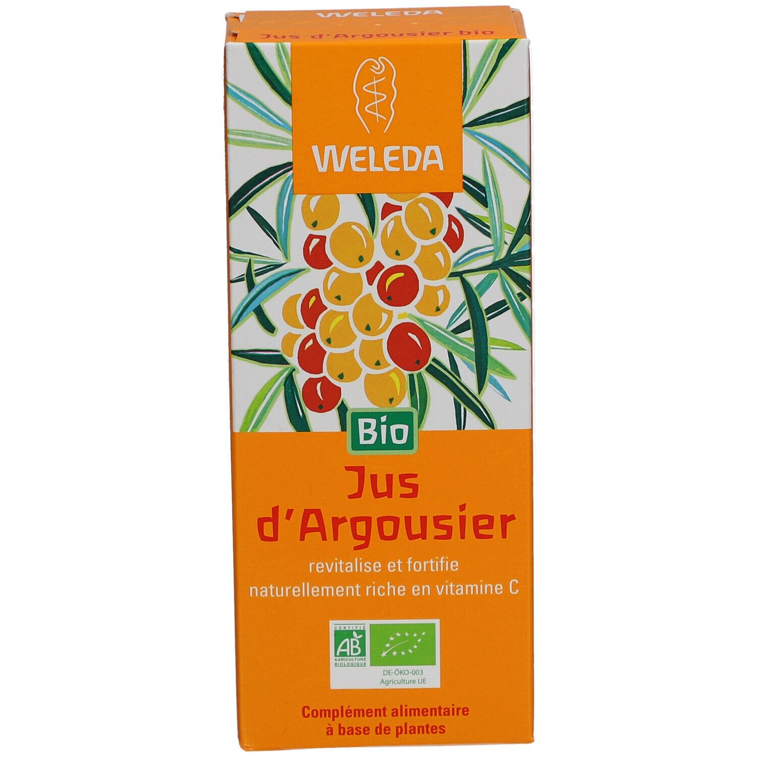 Orangefarbene Verpackung mit Produktbezeichnung und Bio-Siegel. Abbildung von Sanddornbeeren.
