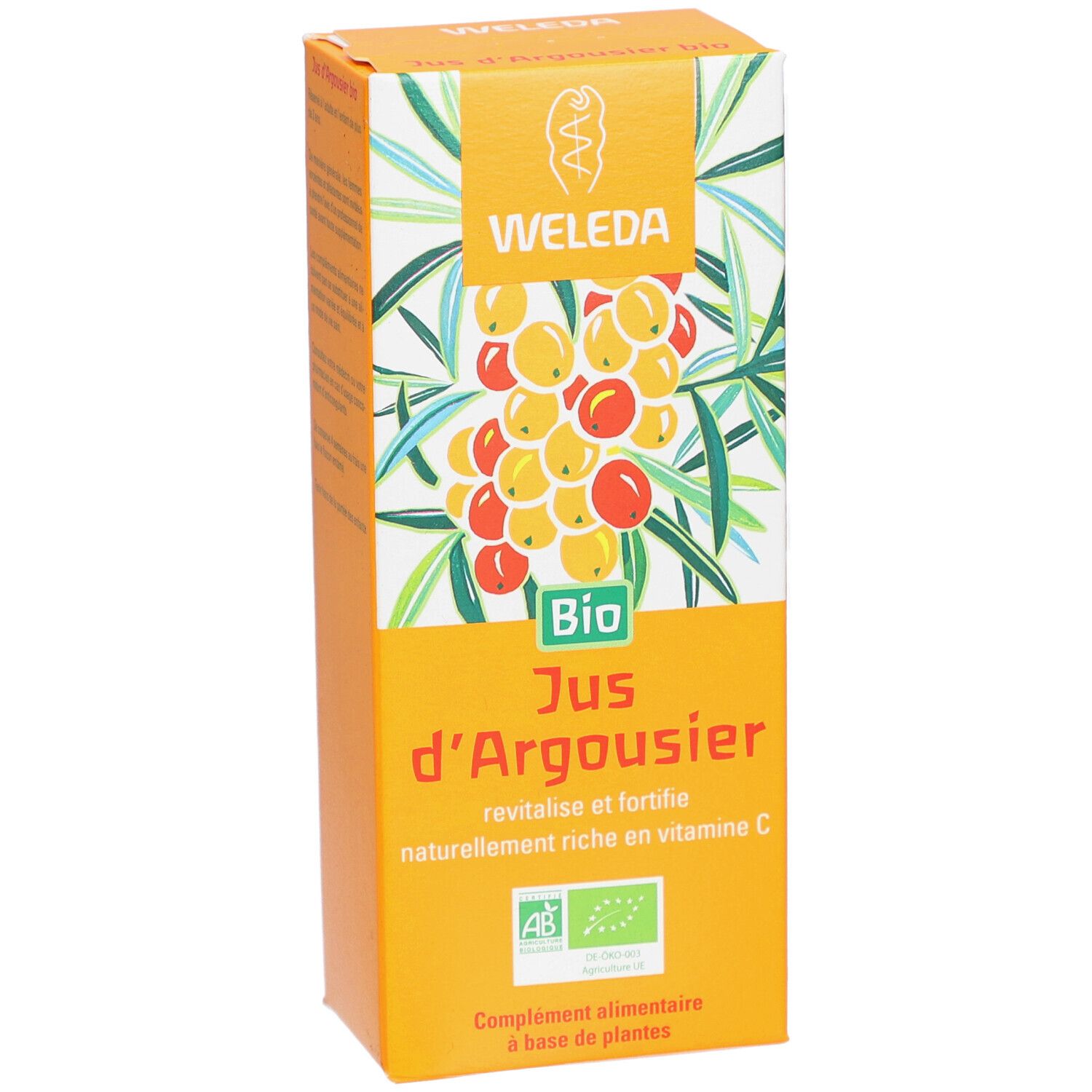 Orangefarbene Verpackung mit Produktbezeichnung und Bio-Siegel. Abbildung von Sanddornbeeren.