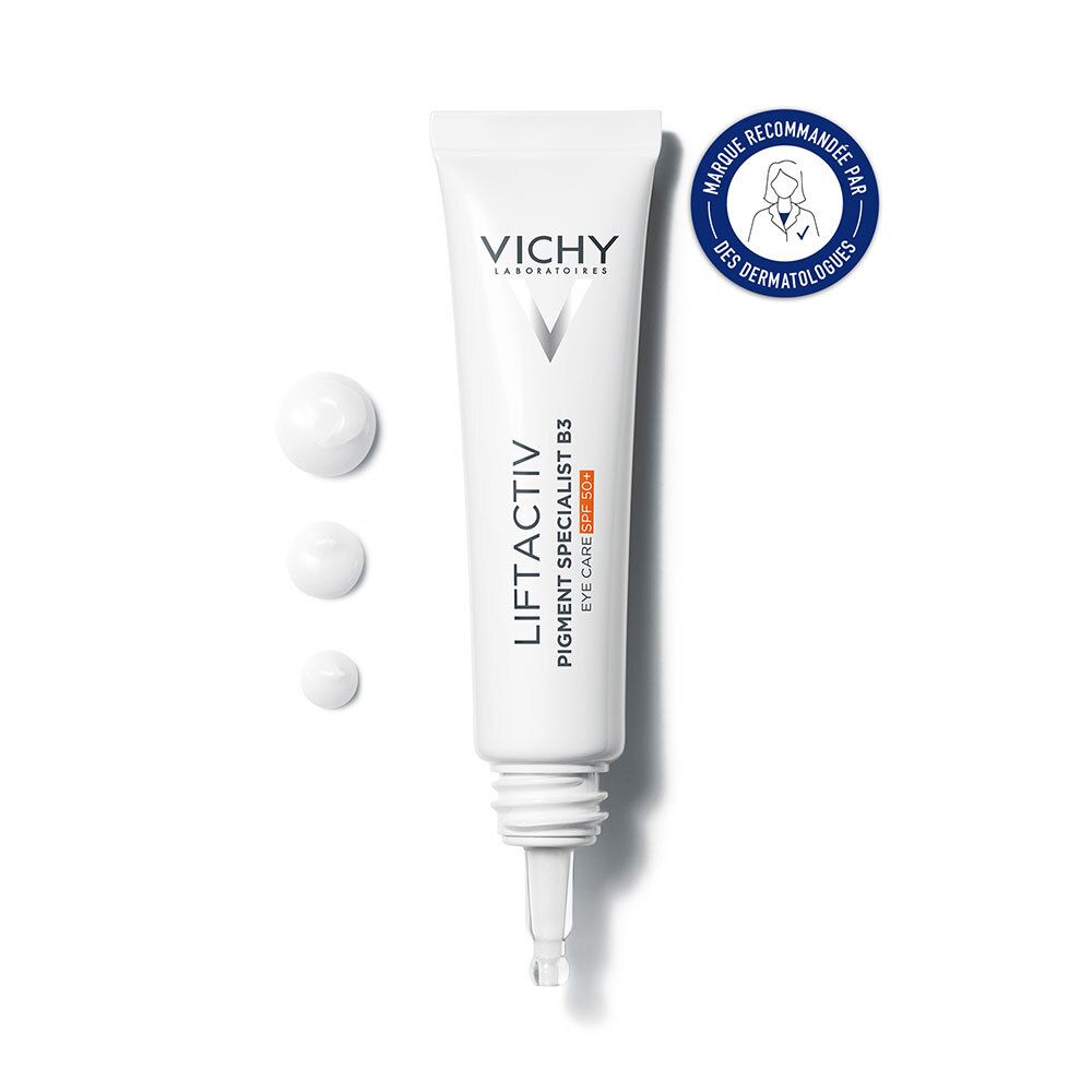 Tube blanc Vichy Liftactiv B3. Logo et texte en noir. Label bleu: Marque recommandée par des dermatologues.