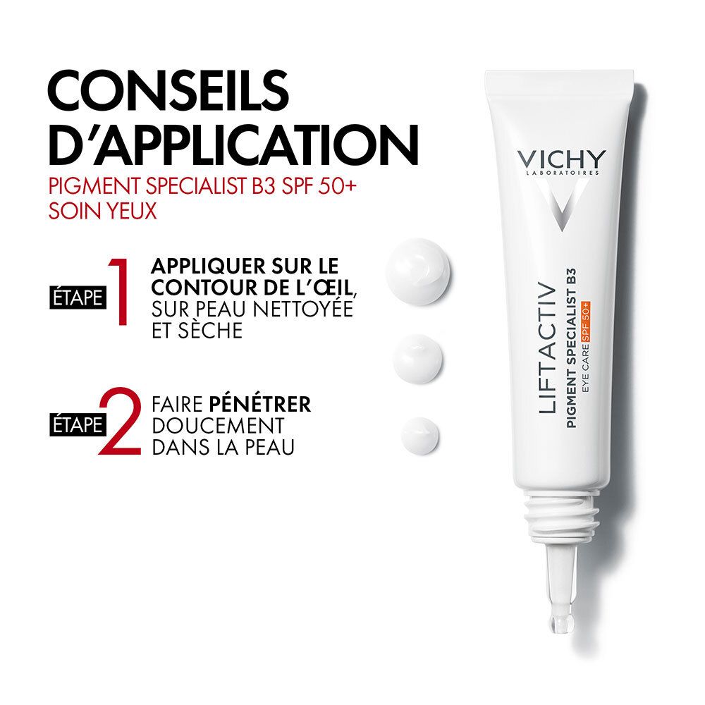 Conseils d'application. Vichy Liftactiv B3. Étape 1: Appliquer sur le contour de l'œil. Étape 2: Faire pénétrer.