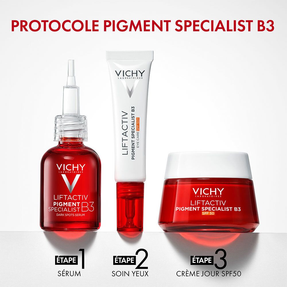 Trois produits Vichy: sérum, soin des yeux, crème de jour. Tous dans des contenants rouges.