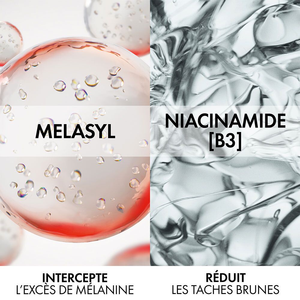 Deux ingrédients: Melasyl et Niacinamide [B3]. Melasyl intercepte l'excès de mélanine. Niacinamide réduit les taches brunes.