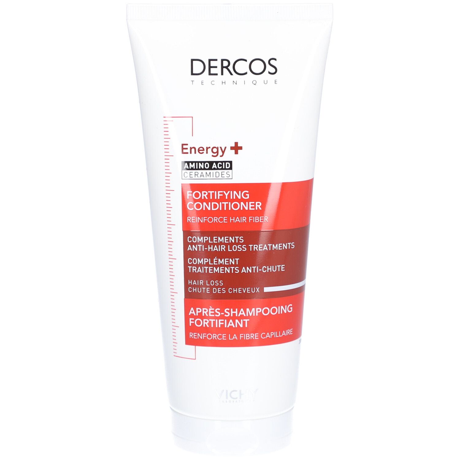 Tube blanc avec inscriptions rouges et marron. "Dercos Technique" et "Energy +" visibles. "Fortifying Conditioner" en dessous.