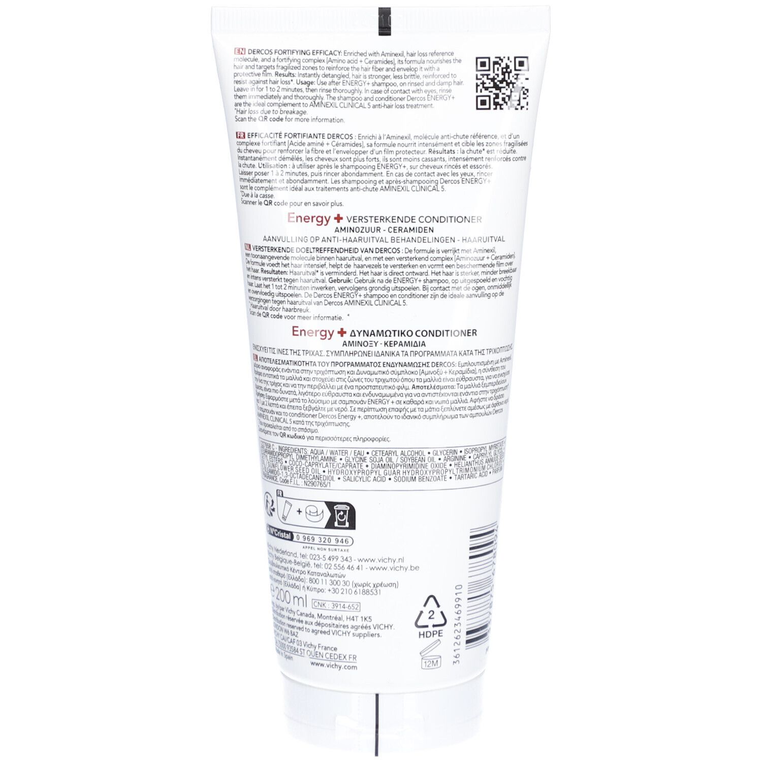 Dos d'un tube blanc. Texte multilingue. Code QR et logos en bas. "Energy +" et "Versterkende Conditioner" visibles.