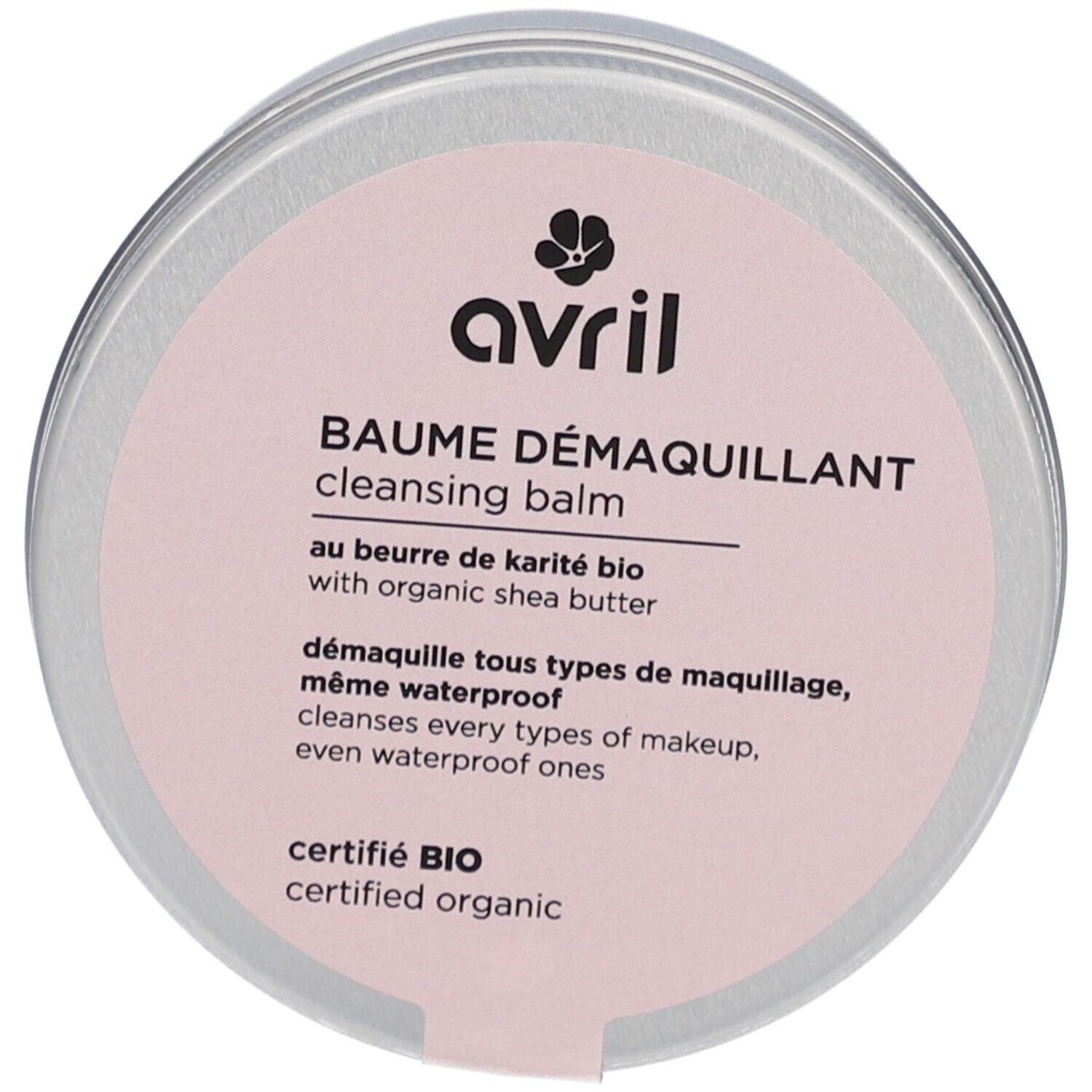 Pot rond avec étiquette rose. Inscription: avril, BAUME DÉMAQUILLANT, cleansing balm. Certifié BIO.