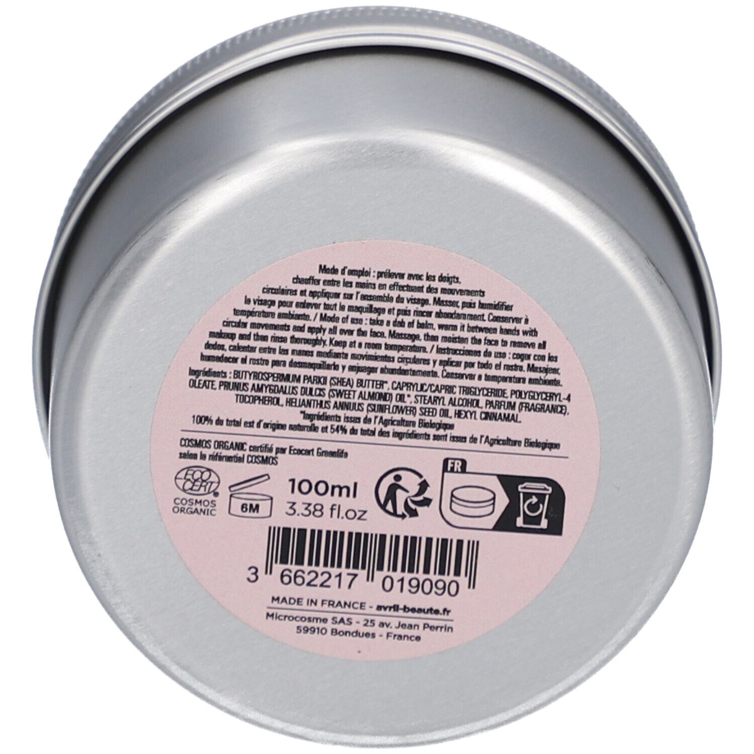 Fond de pot rond avec étiquette rose. Inscription: 100ml, COSMOS ORGANIC. Avec symboles de recyclage et ingrédients.