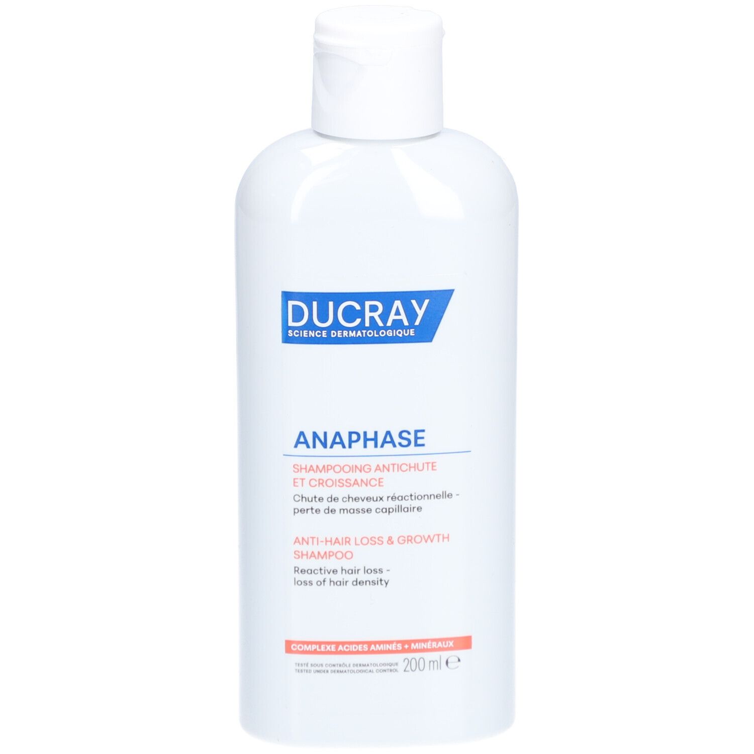 Flacon blanc avec étiquette bleue. Inscription: DUCRAY ANAPHASE Shampoing antichute et croissance. 200 ml.