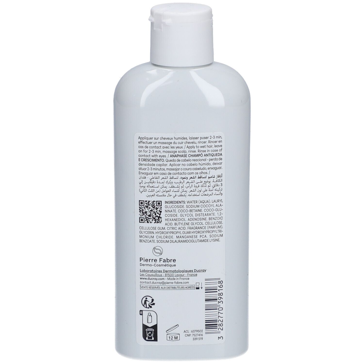 Dos d'un flacon blanc. Texte et code QR. Fabricant: Pierre Fabre. 282770398166.