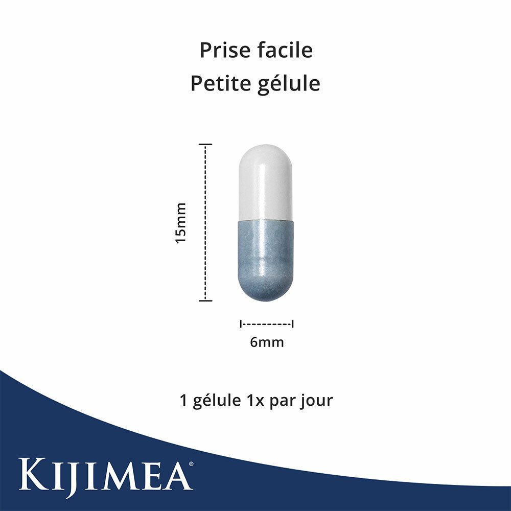 Gélule, 15mm de long, 6mm de large. Texte : Prise facile, petite gélule. 1 gélule 1x par jour.