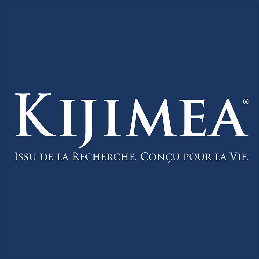 Fond bleu avec texte blanc : Kijimea. Texte : Issu de la recherche. Conçu pour la vie.