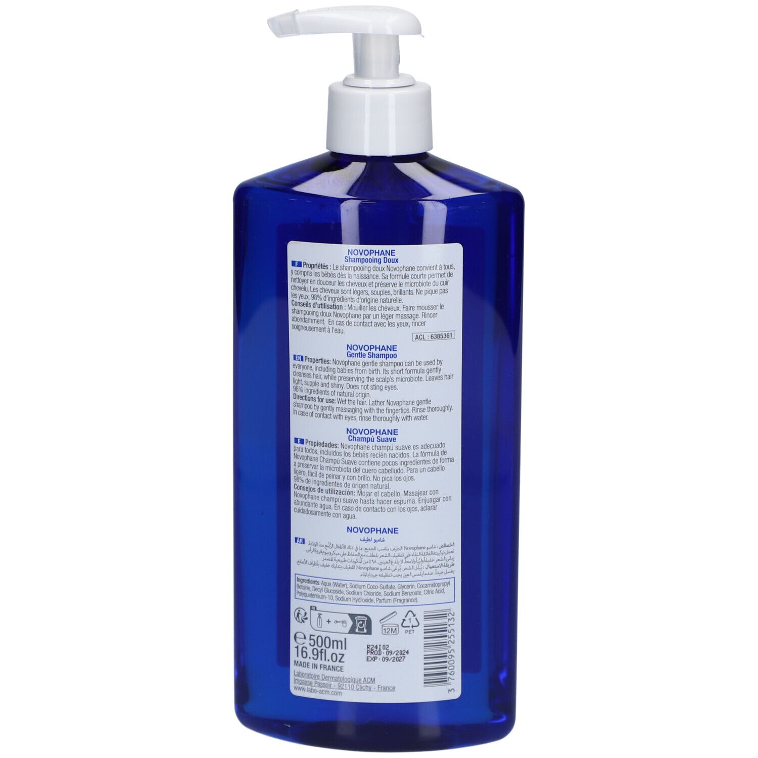 Rückseite der blauen Flasche mit weißem Pumpkopf. Etikett mit Produktinformationen.