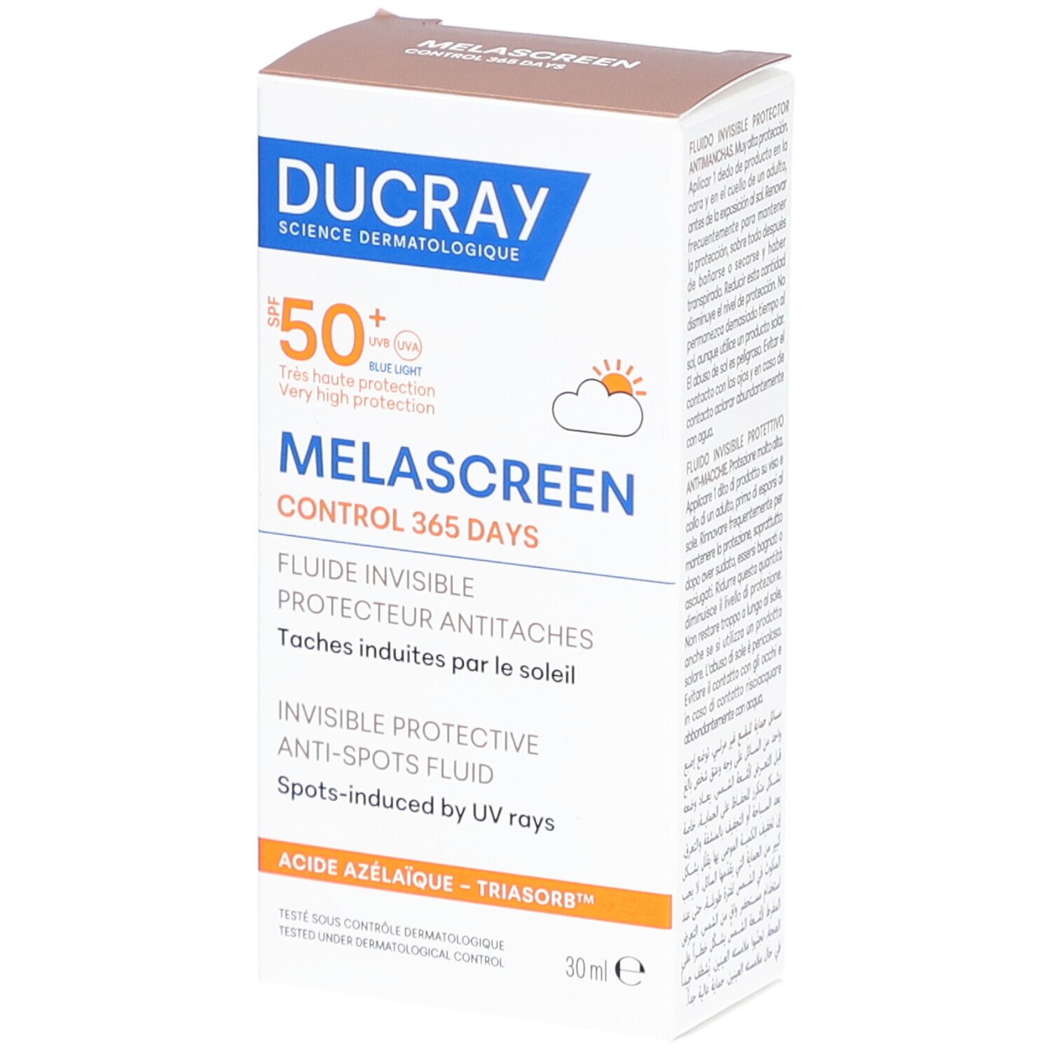 Boîte avec informations produit. Haut: marque DUCRAY, dessous Melascreen. SPF 50+. Texte en français.