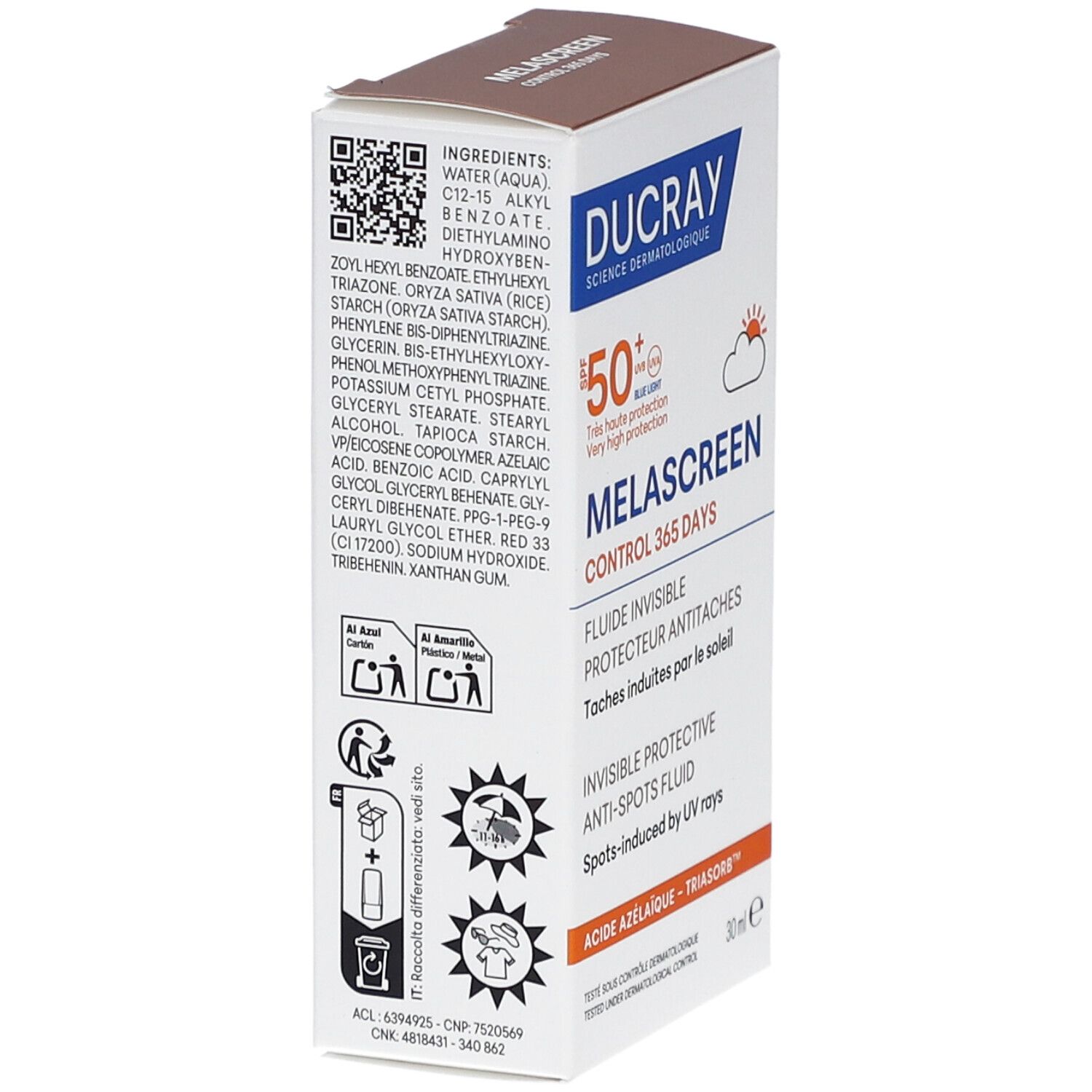Boîte avec ingrédients et informations produit. Marque DUCRAY, Melascreen. SPF 50+. Code QR et pictogrammes.
