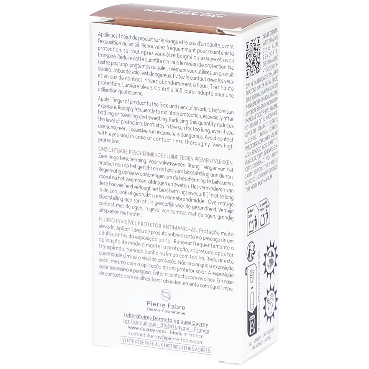 Boîte avec informations produit. Texte multilingue. Marque DUCRAY non visible. Conseils d'utilisation.
