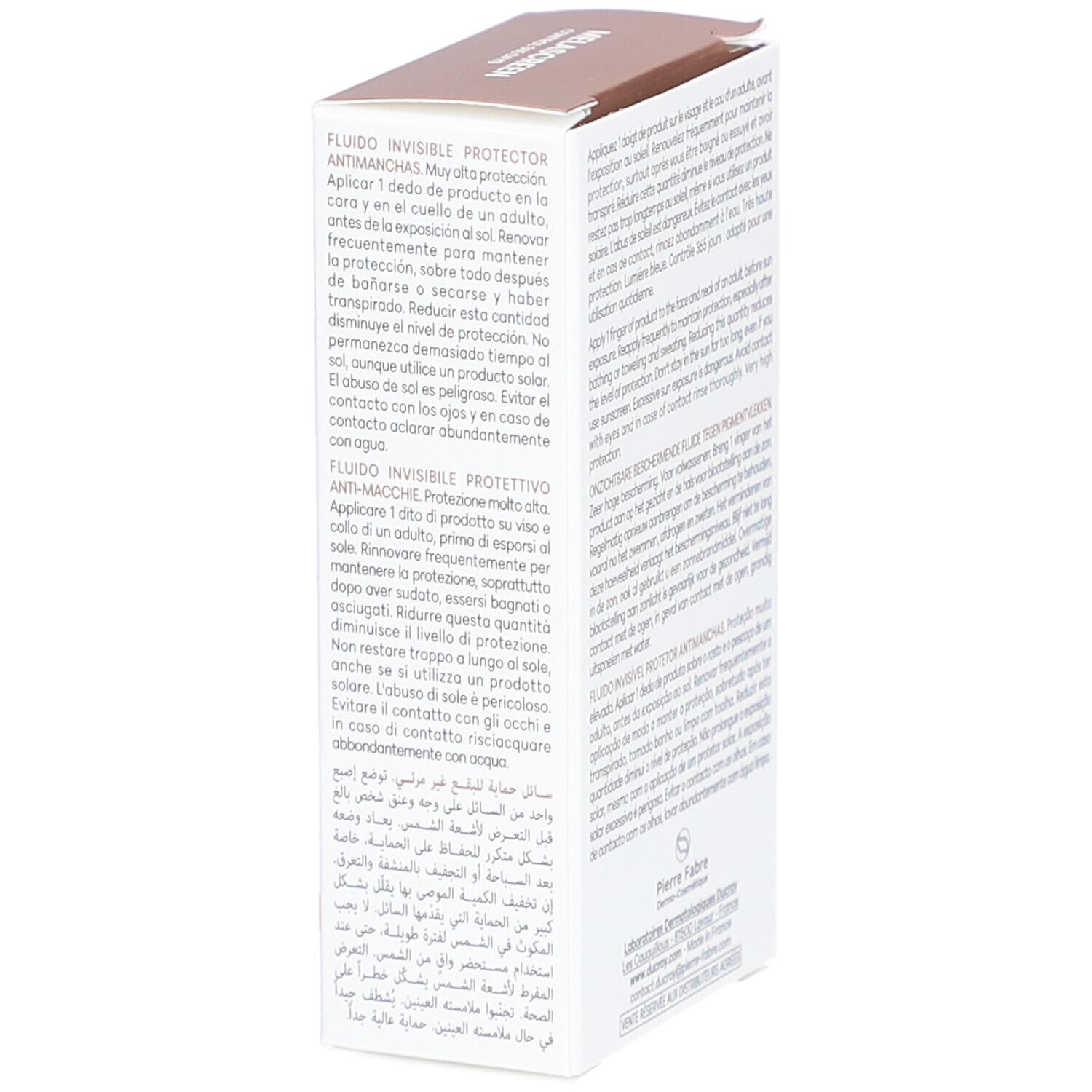 Boîte avec informations produit. Texte multilingue. Marque DUCRAY non visible. Conseils d'utilisation.