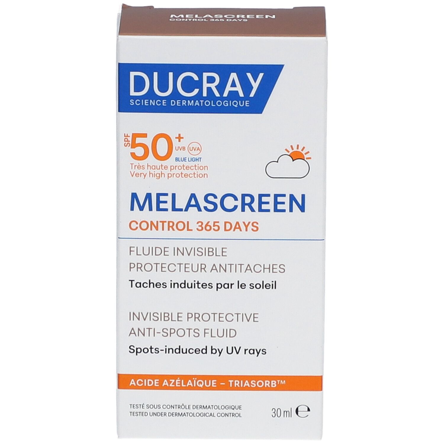 Boîte avec informations produit. Marque DUCRAY, Melascreen. SPF 50+. Texte en français. 30 ml.
