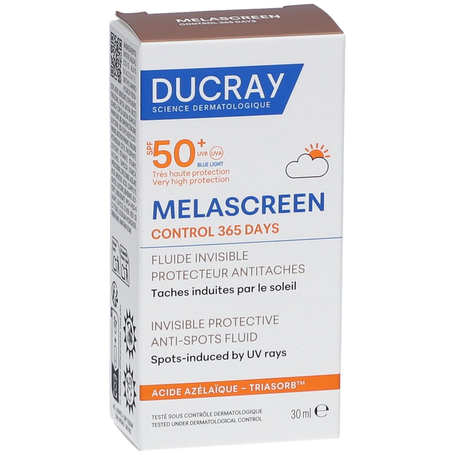 Boîte avec informations produit. Marque DUCRAY, Melascreen. SPF 50+. Texte en français. 30 ml.