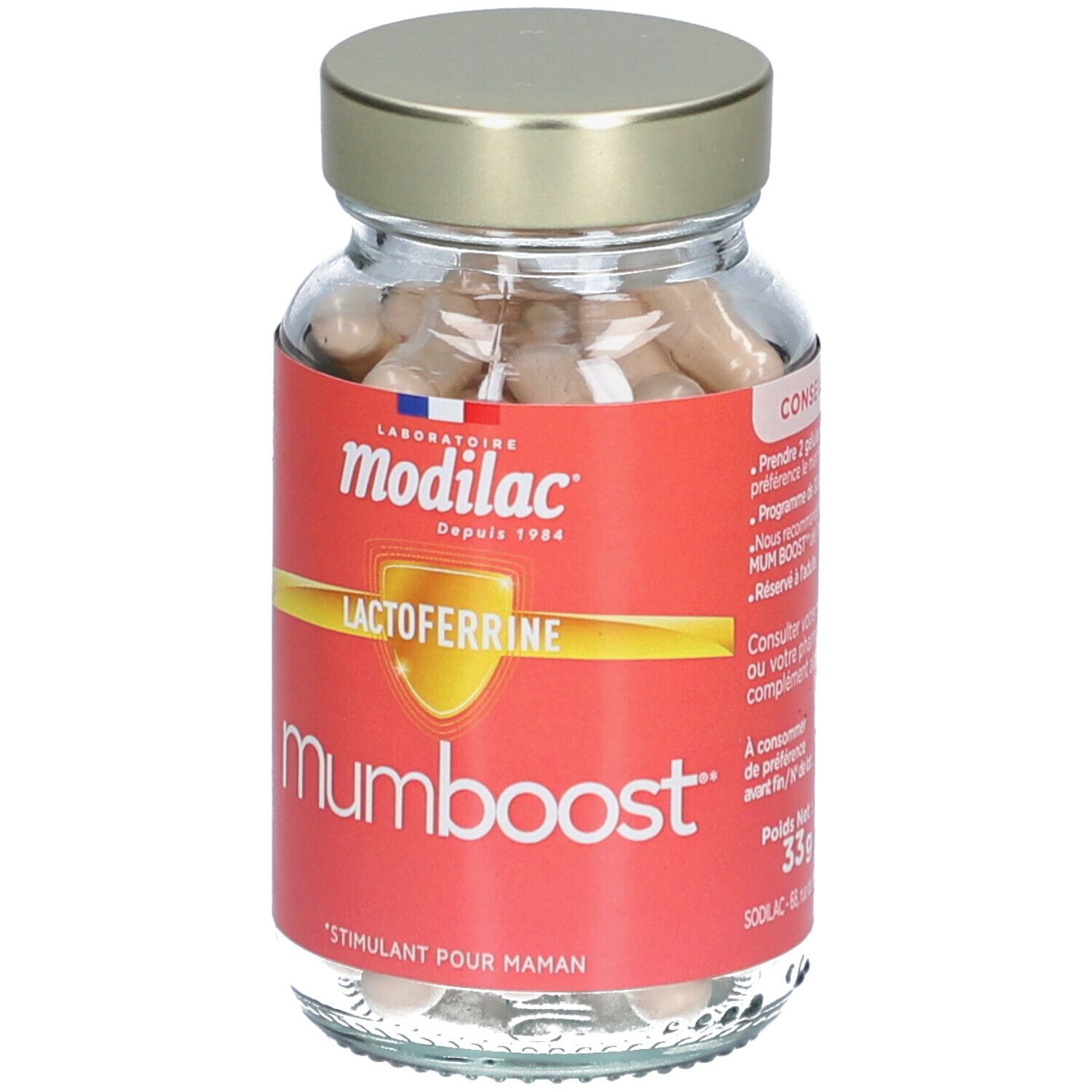 Flacon en verre avec gélules. Étiquette rouge avec 'Modilac', 'Mumboost', 'Lactoferrine'. Bouchon doré.